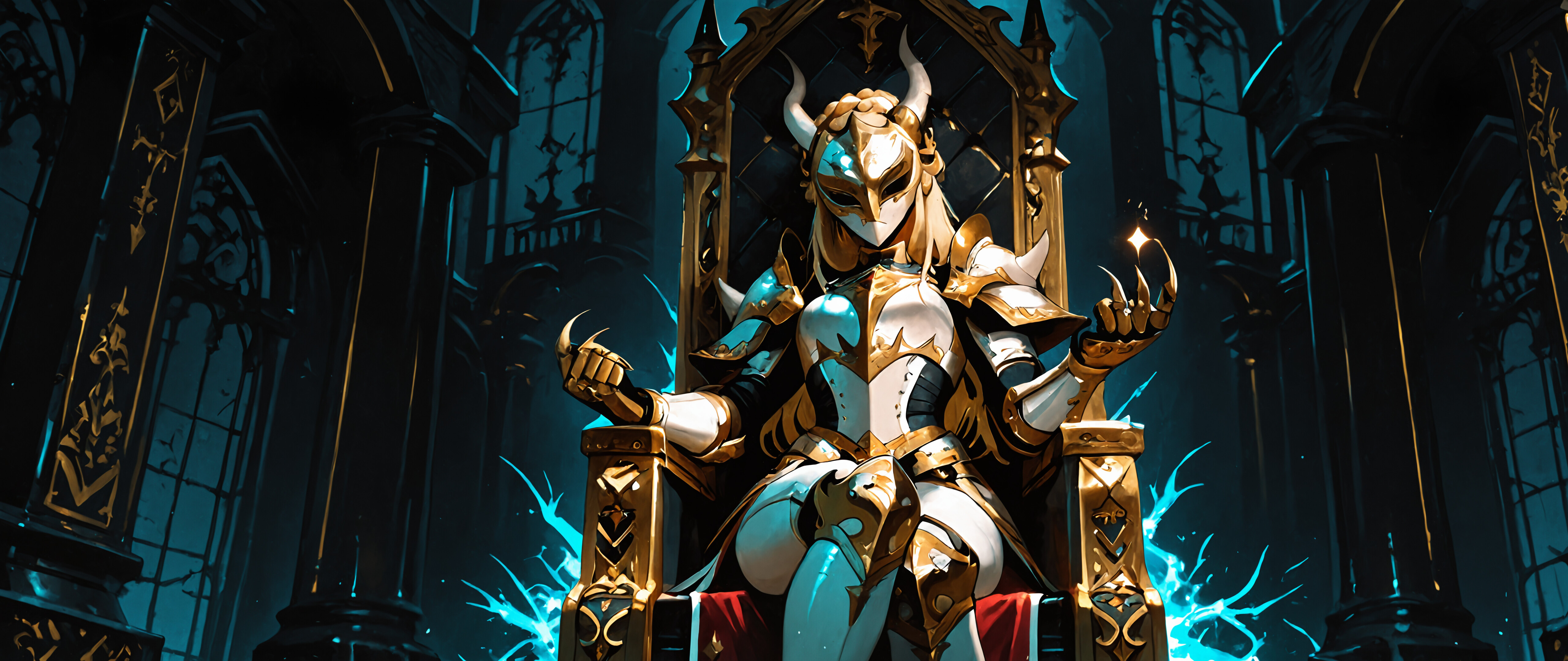 An illustration of a blonde woman with horns wearing ornate white and gold armor and a dragon mask, sitting on a large, dark, gothic throne and making a beckoning gesture.