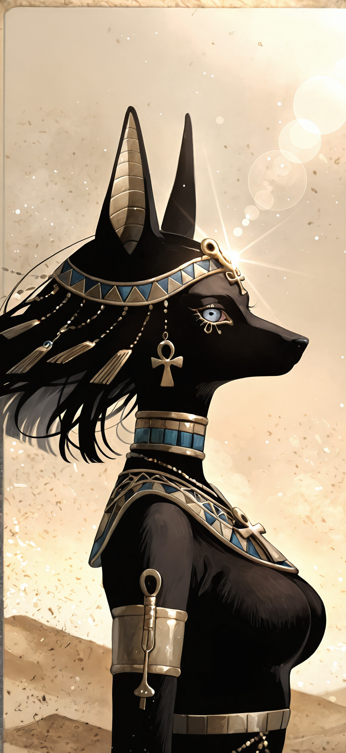 A side-profile illustration of a female anthropomorphic jackal goddess with black fur and blue eyes, wearing ornate ancient Egyptian jewelry in a desert.