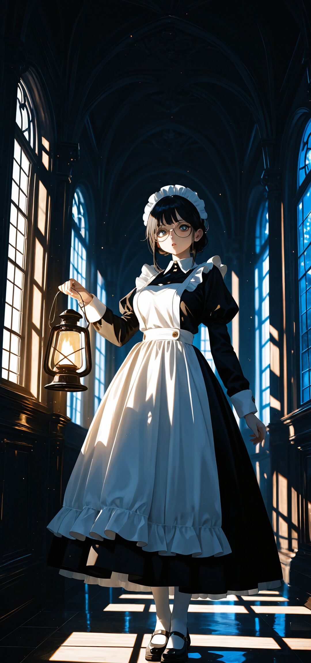 An anime-style illustration of a maid with black hair and glasses, holding a lantern while standing in a long, dark, gothic-style hallway with light streaming through arched windows.