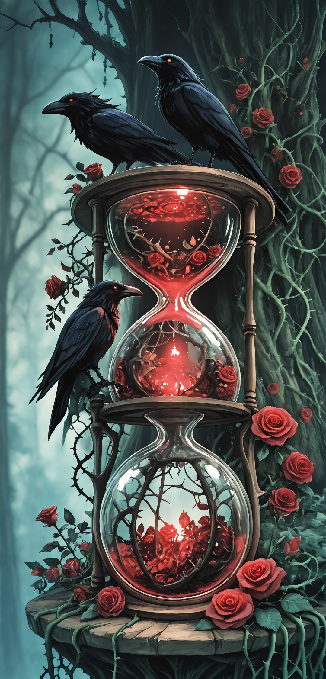 A digital painting of a black raven with glowing red eyes perched next to a vintage hourglass in a dark, misty forest. The hourglass contains a red liquid and a glowing red rose inside, and is surrounded by thorny vines and more red roses.
