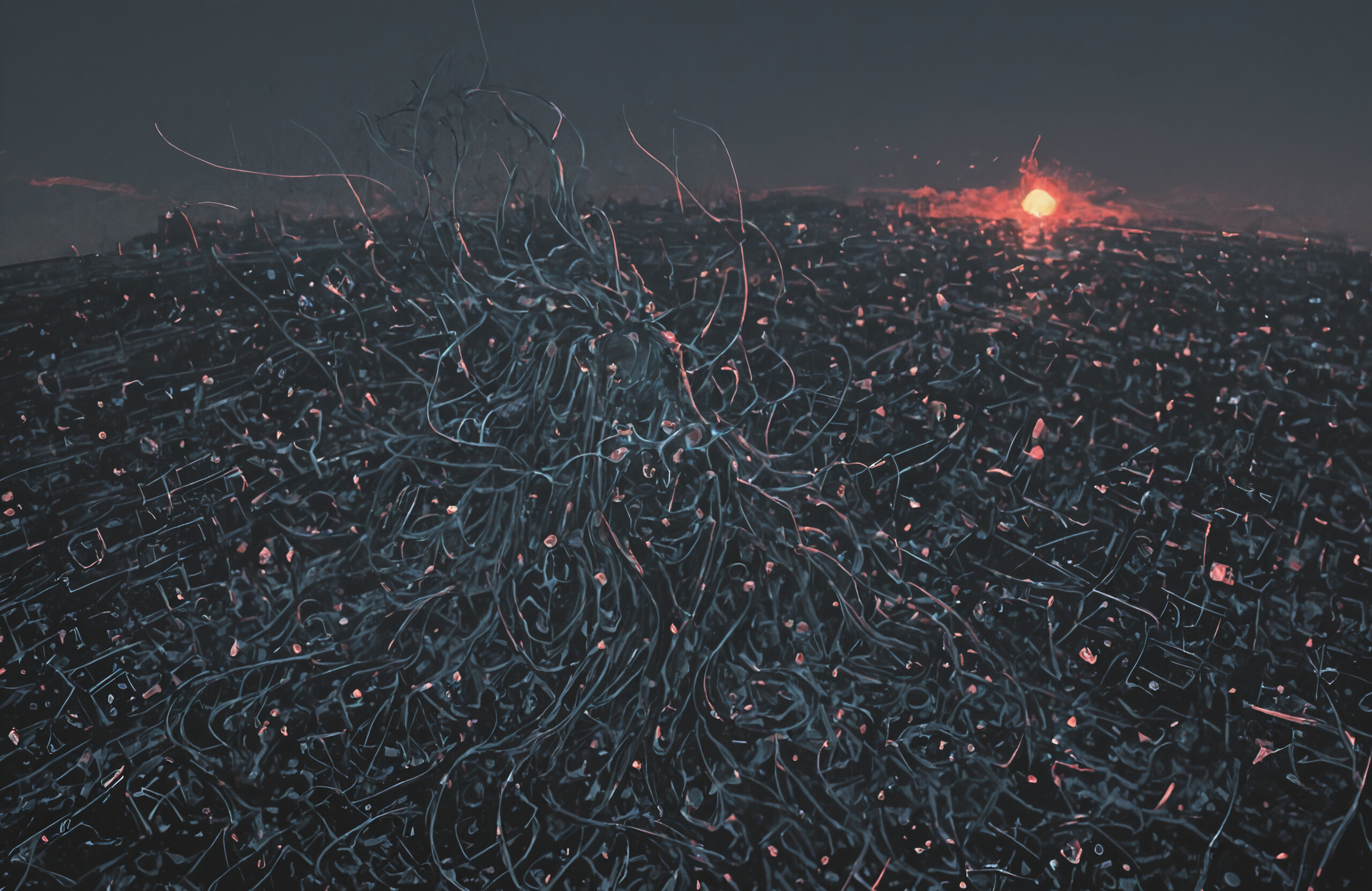 An ukiyo-e style artwork of an ethereal spirit made of tangled dark brown roots and branches. The figure stands in a chaotic forest before a large, solid orange sun that serves as a halo.