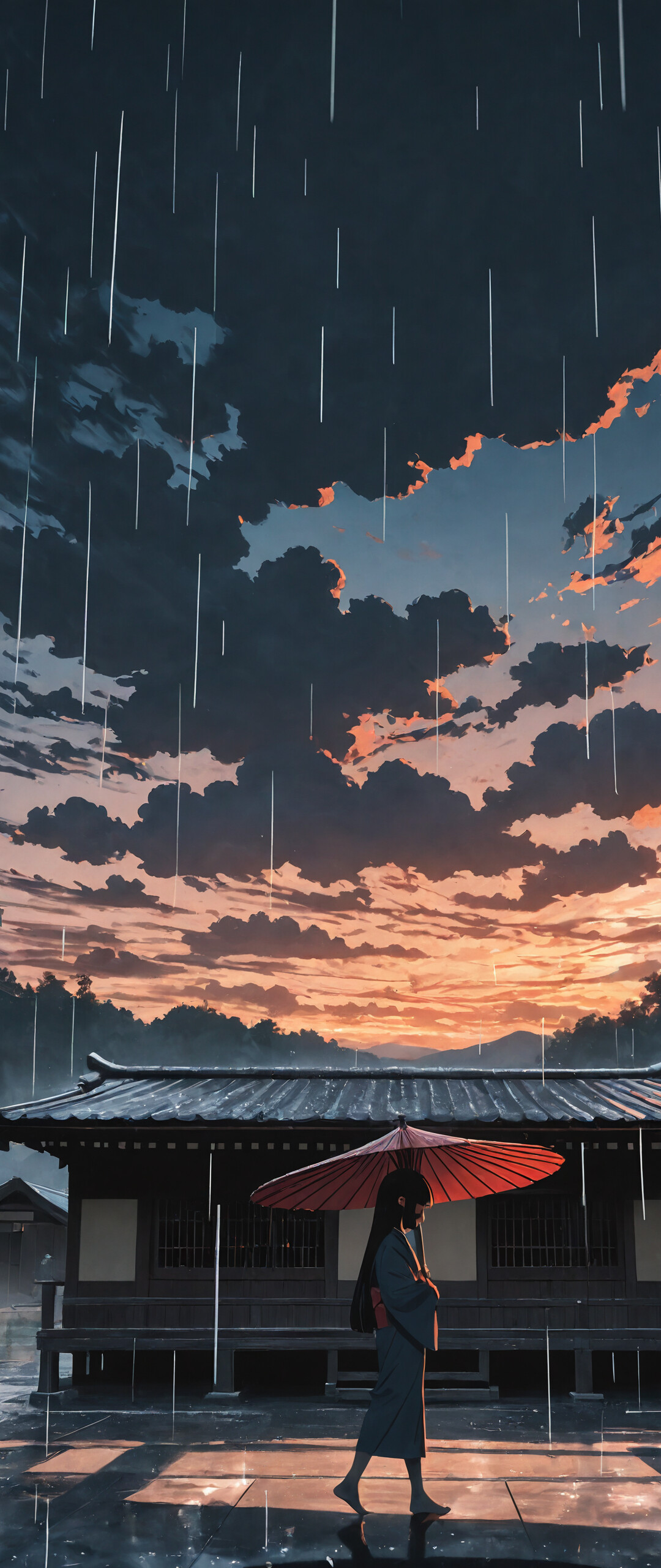 An anime-style illustration of a woman in a dark kimono holding a red and black umbrella, walking down a wet street in a traditional Japanese village at dusk as it rains.