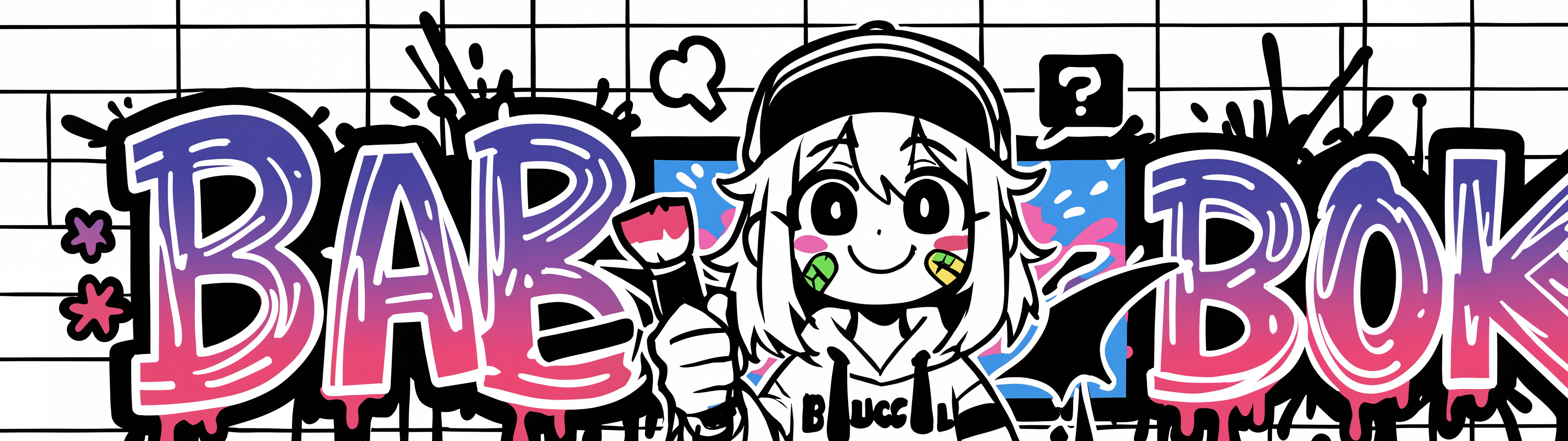 An anime girl with white hair, a wide smile, and a bandage on her cheek, wearing a white hoodie and a baseball cap. She is surrounded by a chaotic explosion of colorful graffiti, doodles, stickers, and emojis against a white background.