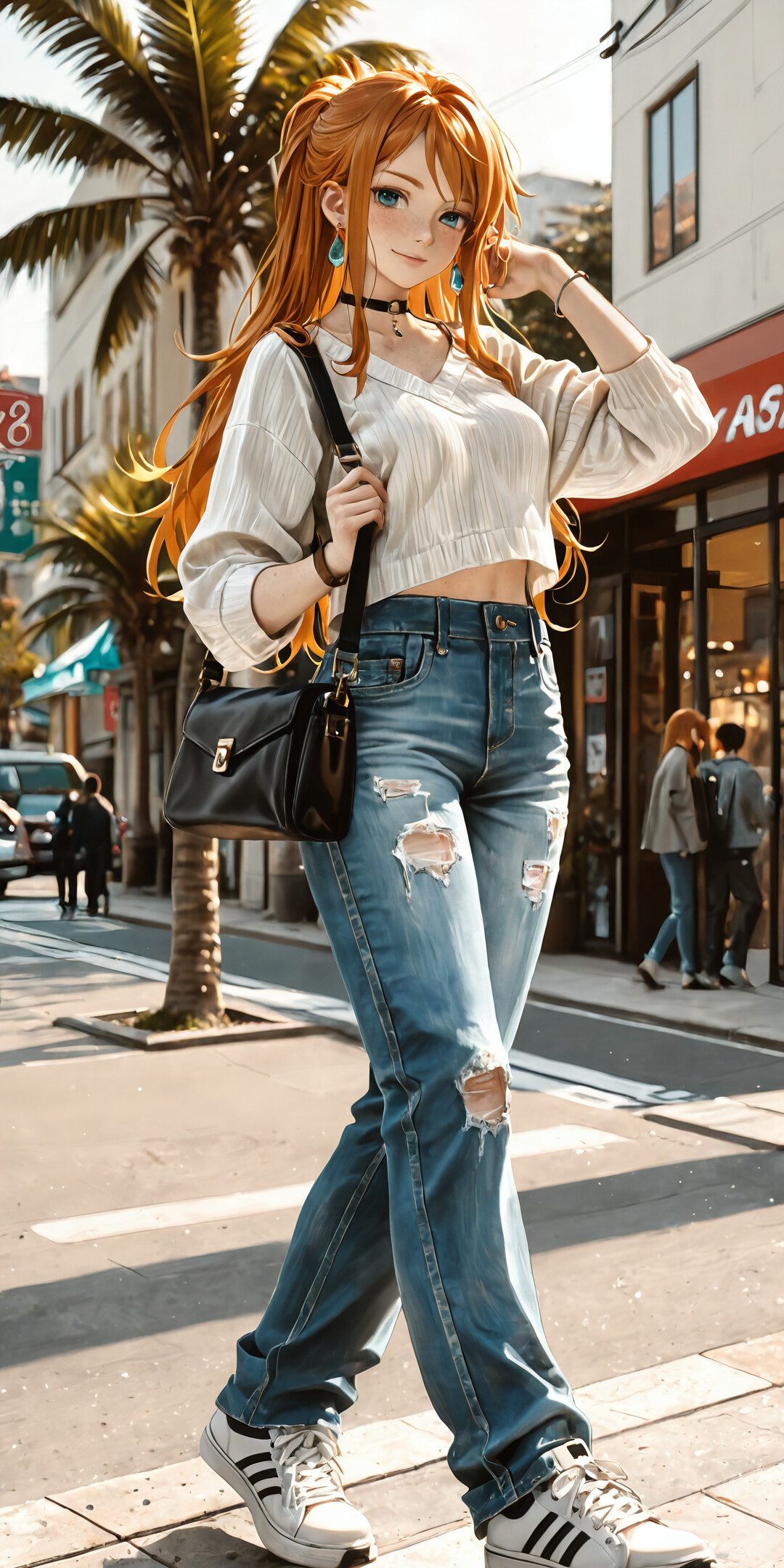 Full-body illustration of Nami from One Piece with long orange hair, wearing a white crop top, ripped blue jeans, a grey blazer, and white sneakers, posing on a sunny city street with palm trees.