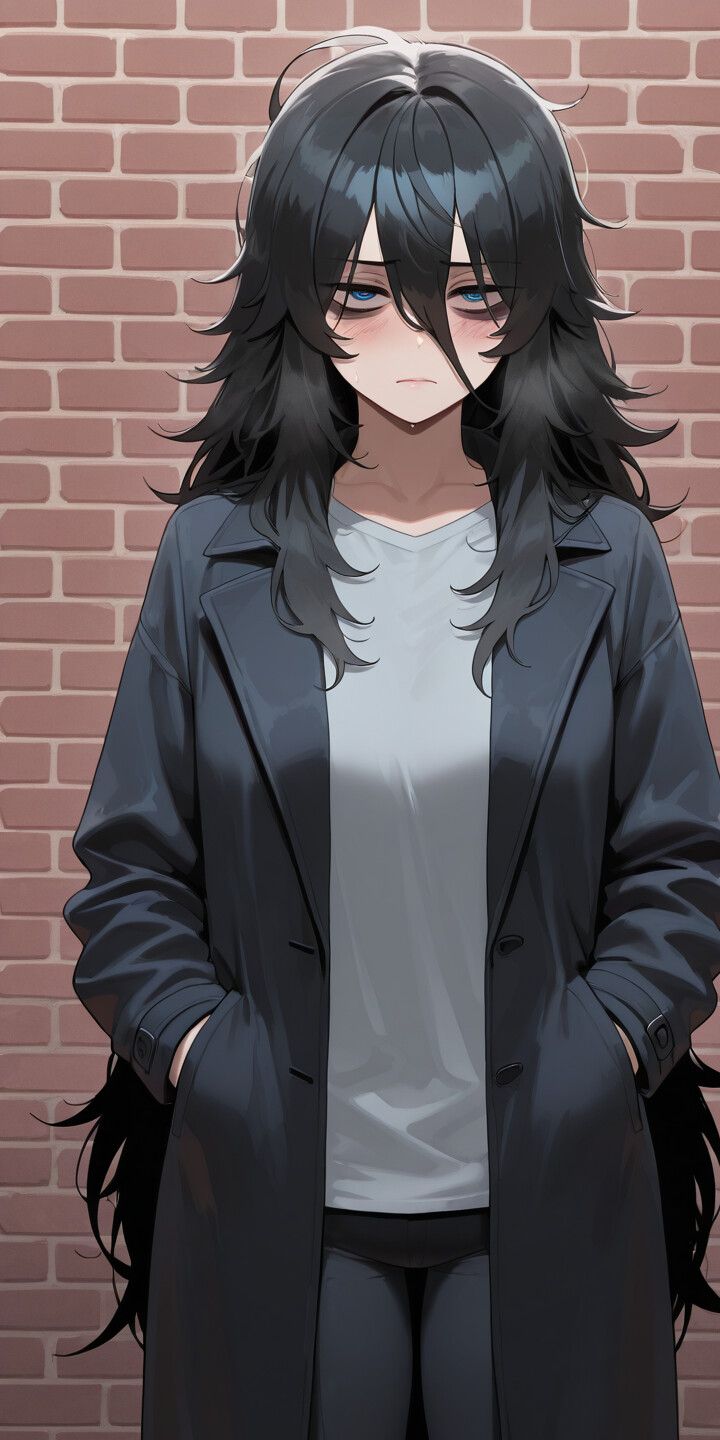 An anime-style girl with long, messy black hair and tired blue eyes stands against a brick wall. She is wearing a tan trench coat, a black turtleneck, and blue jeans, with her hands tucked into her coat pockets.