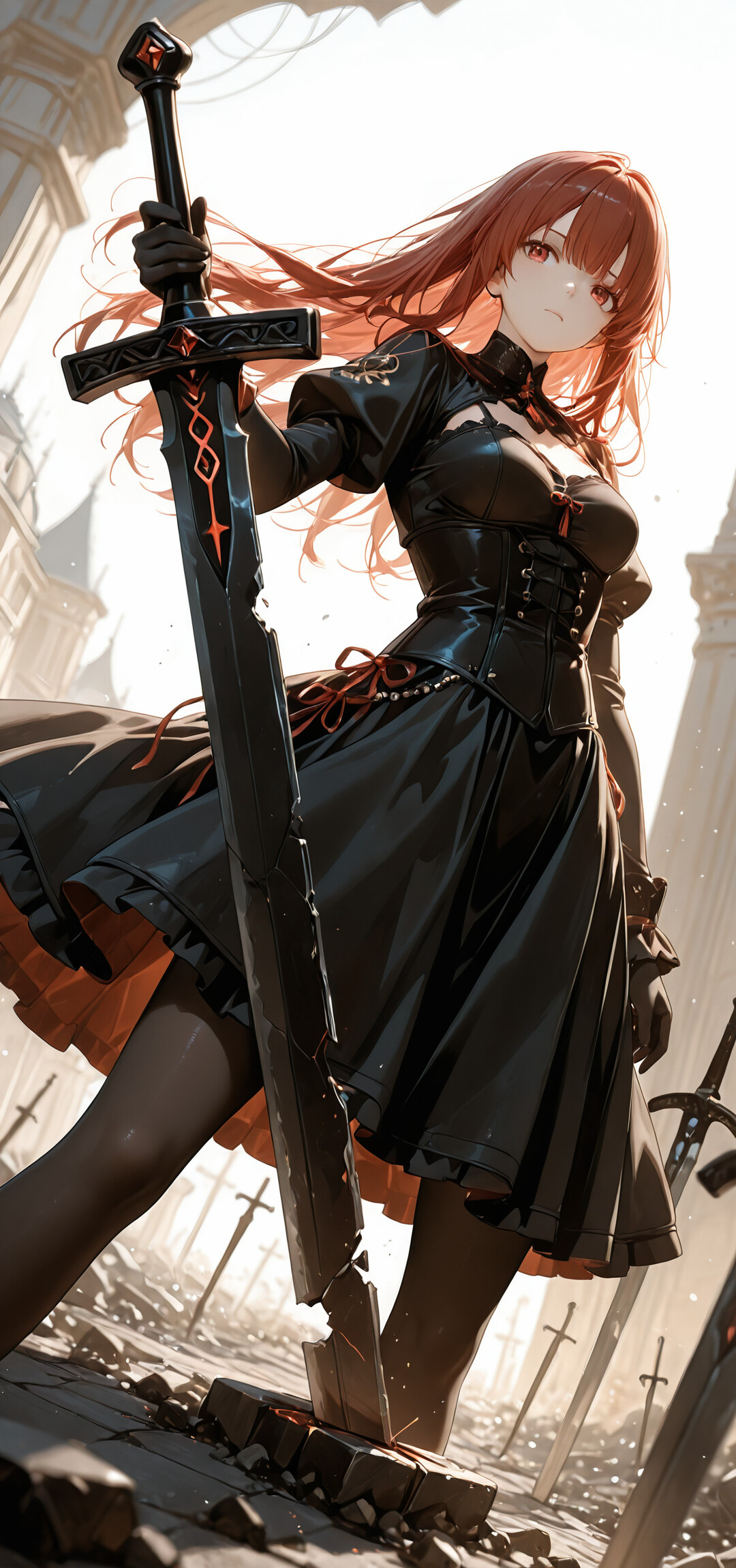 A full-length illustration of an anime girl with dark hair and red eyes, dressed in a black gothic warrior outfit, kneeling on a battlefield while holding a large, broken black sword with glowing red cracks.