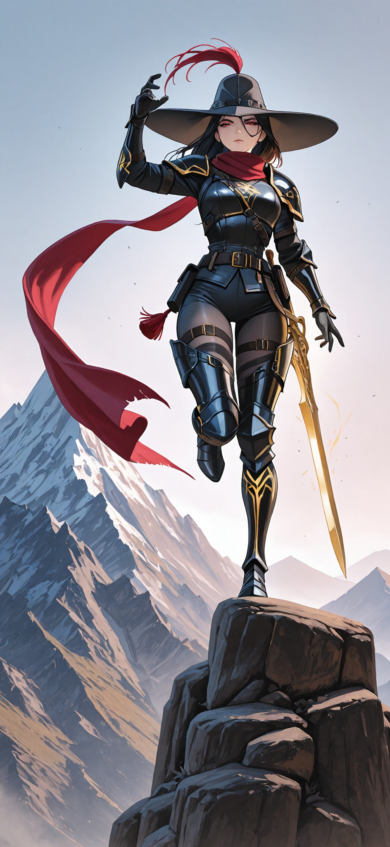 An anime-style female warrior in black armor, a red scarf, and a tricorn hat, holding a golden sword while standing on a mountain peak against a dramatic sunrise.