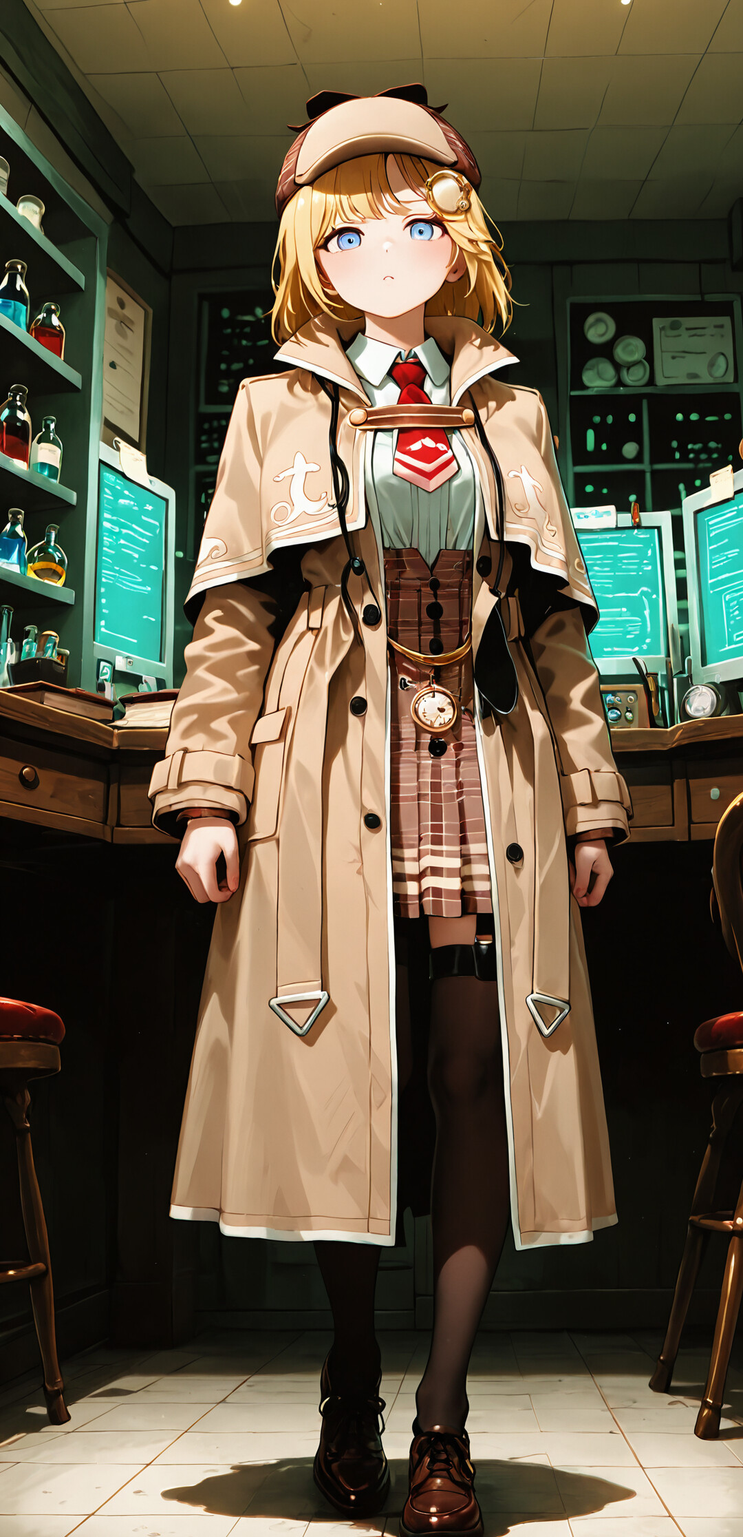 An anime-style illustration of the VTuber Watson Amelia, a blonde girl with blue eyes, wearing a detective's trench coat and hat. She stands with her hands on her hips in a dimly lit, vintage laboratory filled with scientific equipment.