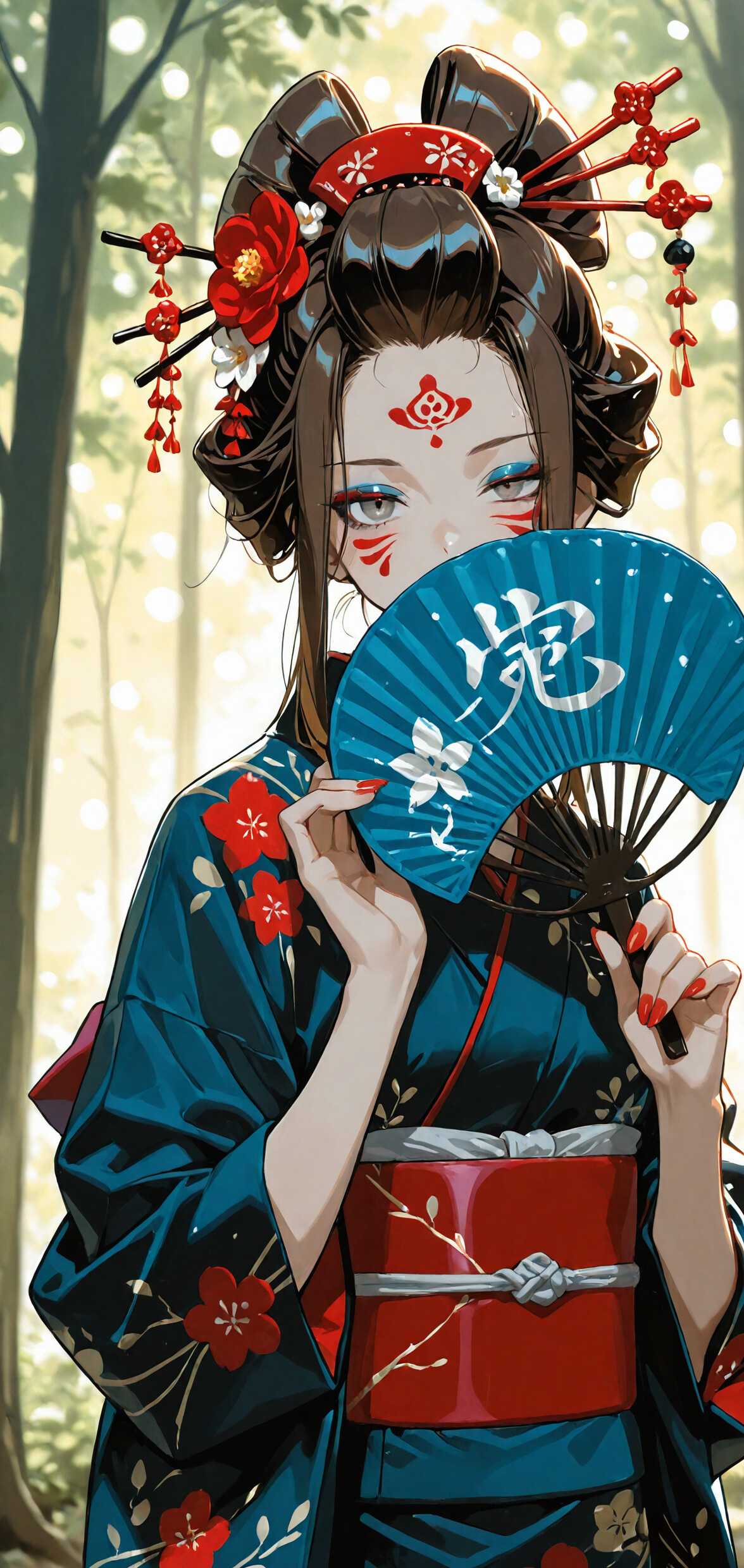 An anime-style illustration of a woman with an elaborate updo and traditional Japanese makeup, wearing a dark blue kimono. She stands in a forest and holds a blue fan that covers the lower half of her face, revealing only her striking grey eyes.