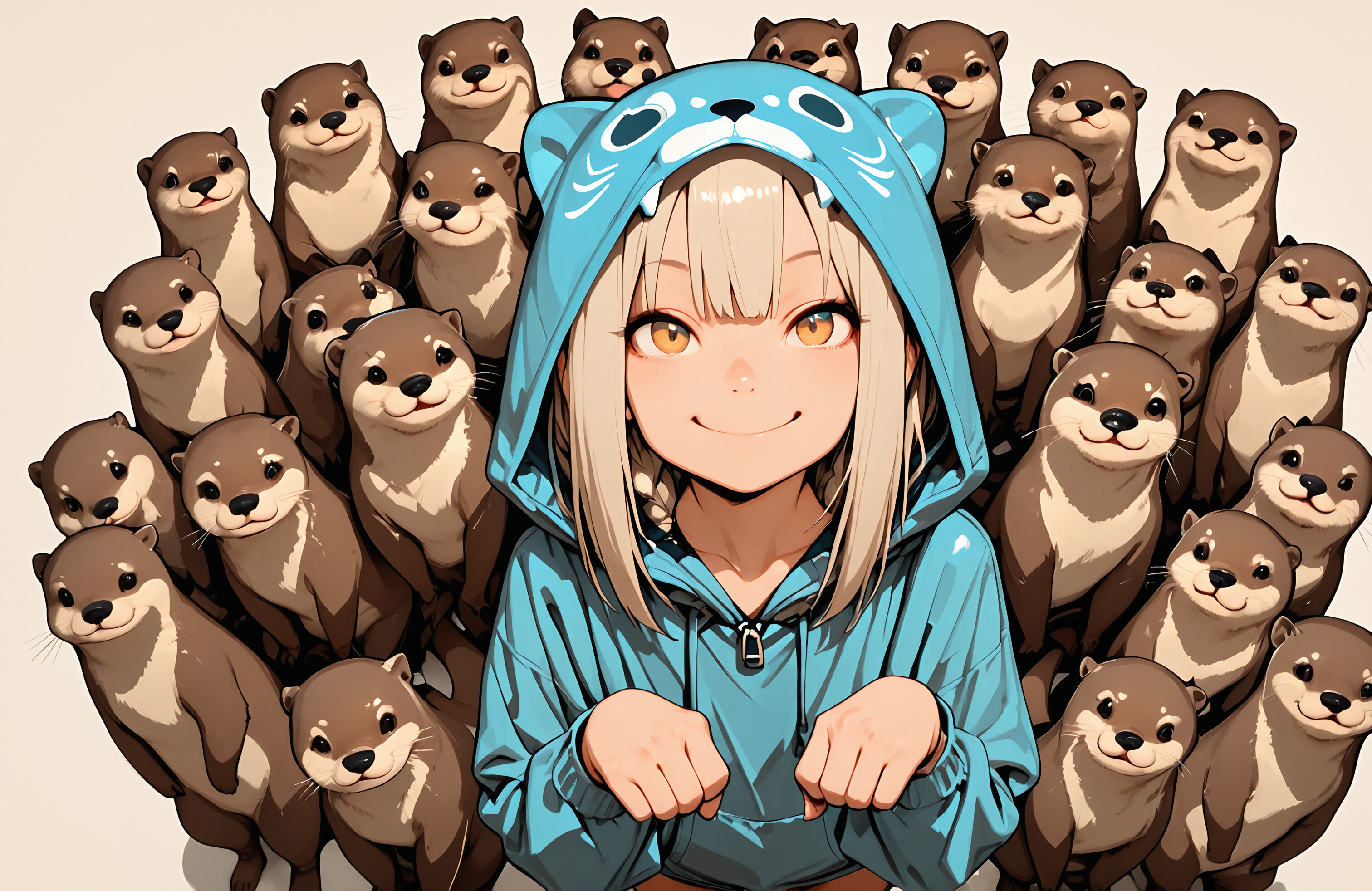 An anime girl in a blue otter hoodie smiles while surrounded by a large group of cute otters. She is holding her hands in a paw pose.