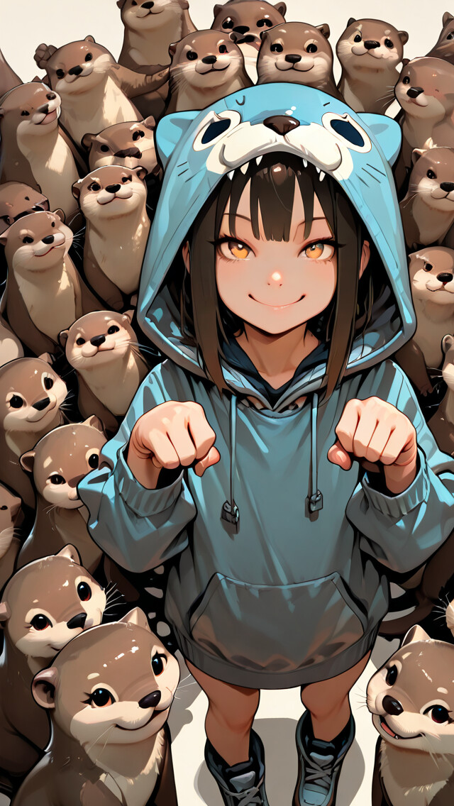 An anime girl in a blue otter hoodie smiles while surrounded by a large group of cute otters. She is holding her hands in a paw pose.