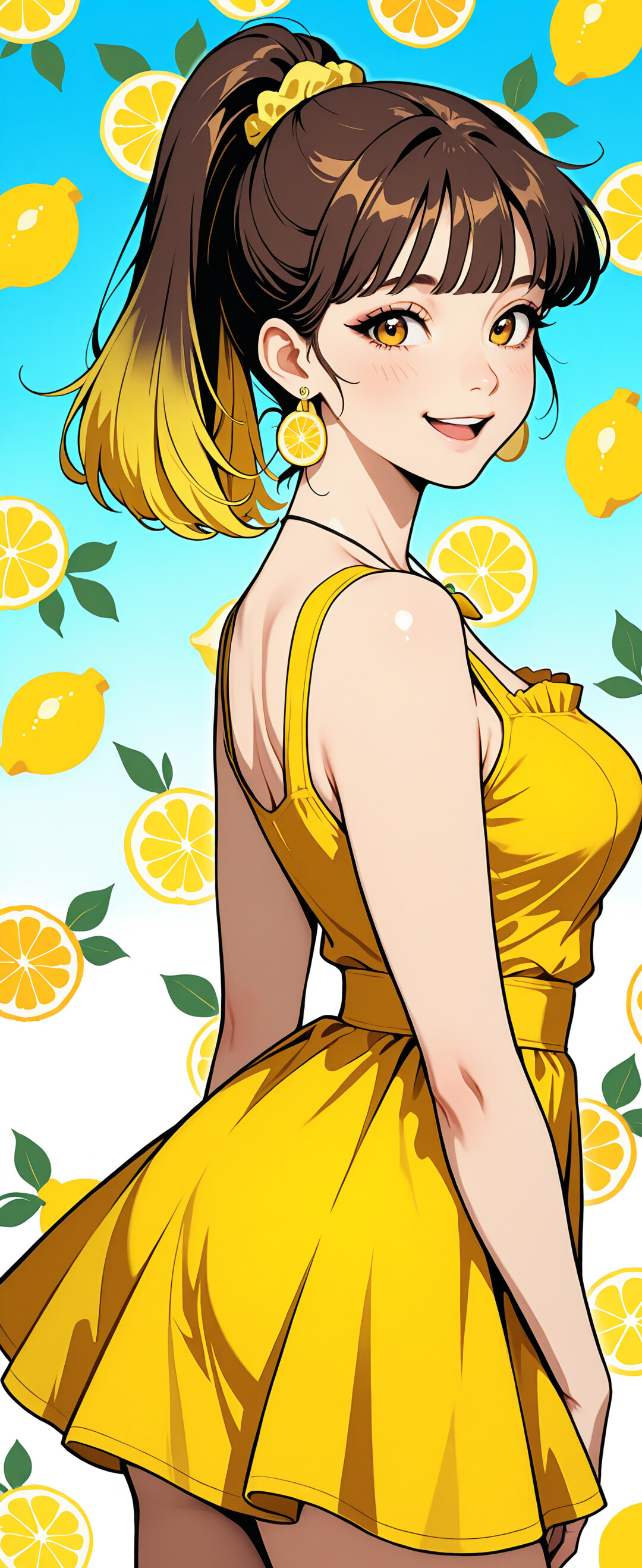 An anime girl with brown and yellow hair in a ponytail, wearing a yellow dress and lemon-themed jewelry, smiles while standing in a lemon orchard against a blue sky.