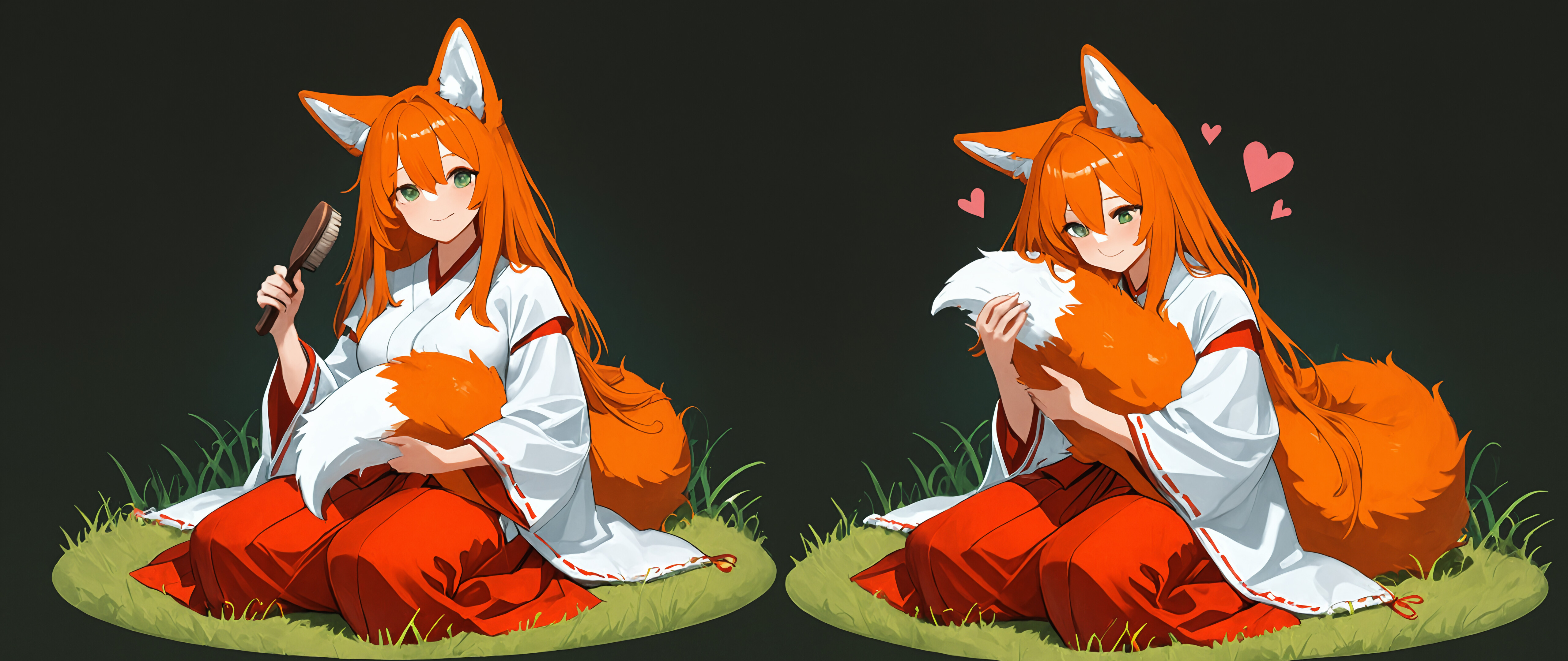 An anime-style fox girl with long orange hair and green eyes, wearing a miko outfit, sits on the grass while smiling and hugging her large, fluffy orange and white tail, holding a brush to groom it.