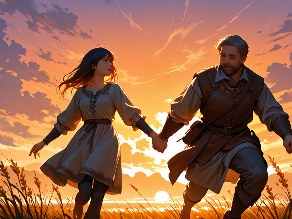 A fantasy illustration of a large male knight and a young girl running together hand-in-hand through a grassy field during a vibrant orange sunset. The man wears armor and the girl wears a blue dress.
