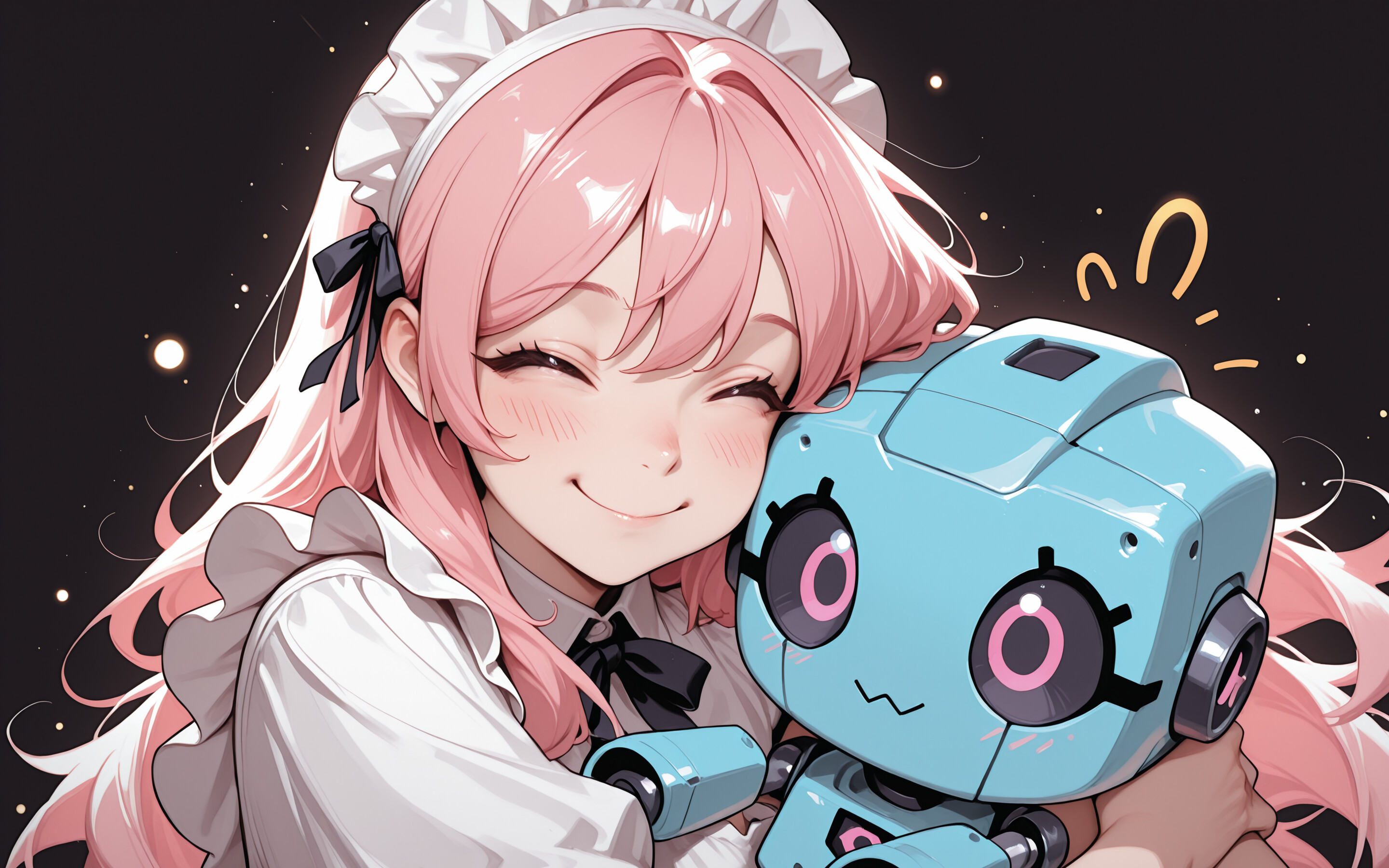 A close-up of a smiling anime maid with long pink hair and purple eyes, affectionately hugging a small, cute blue robot against a dark, sparkling background.