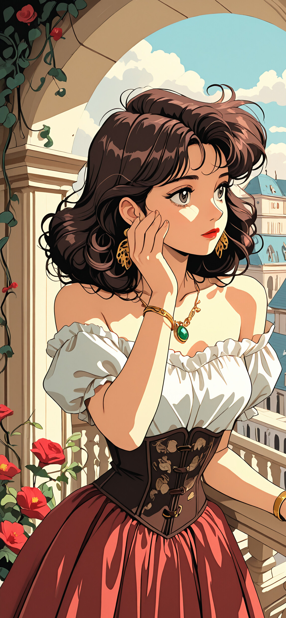 An anime-style illustration of a young woman with dark curly hair in a renaissance-style dress, standing on a sunlit balcony overlooking a European city with a canal.