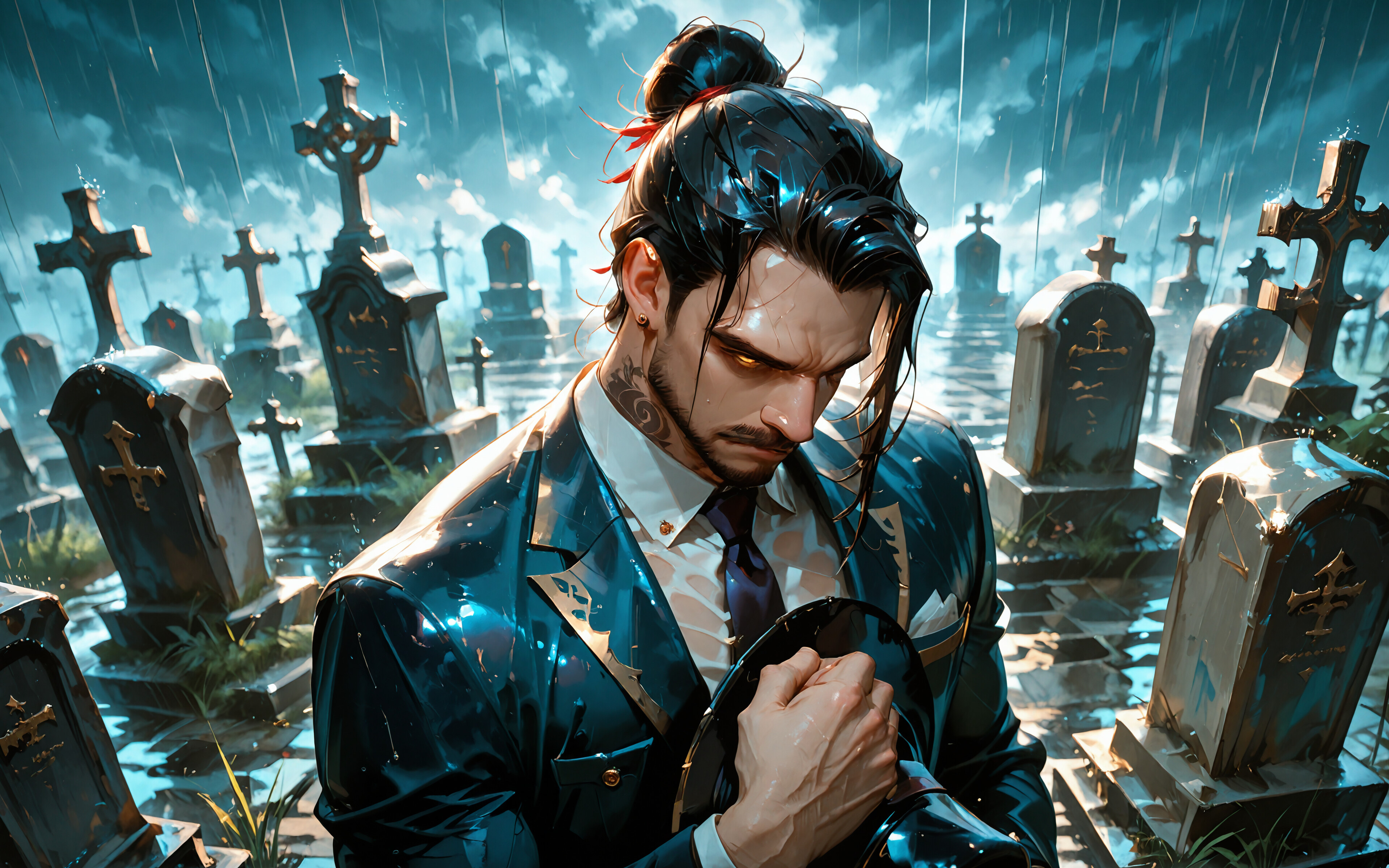 A digital illustration of a handsome man with black hair in a bun and intense, glowing yellow eyes, standing in a rainy graveyard. He is wearing a wet, dark suit with gold trim, has a neck tattoo, and holds a fedora hat to his chest with a solemn expression.