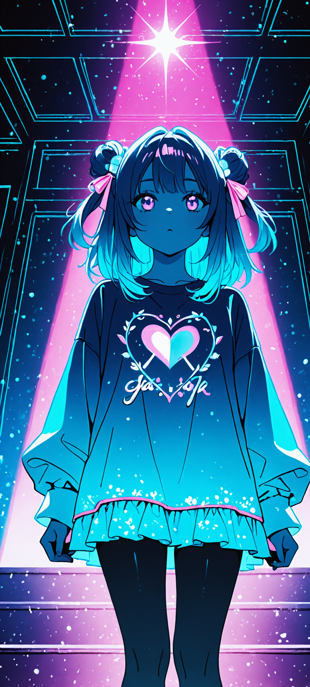 An anime girl with short blue hair, a white halo, and bright blue eyes stands in front of a massive screen of blue and purple LED lights. She wears a blue collared shirt with a black bow.
