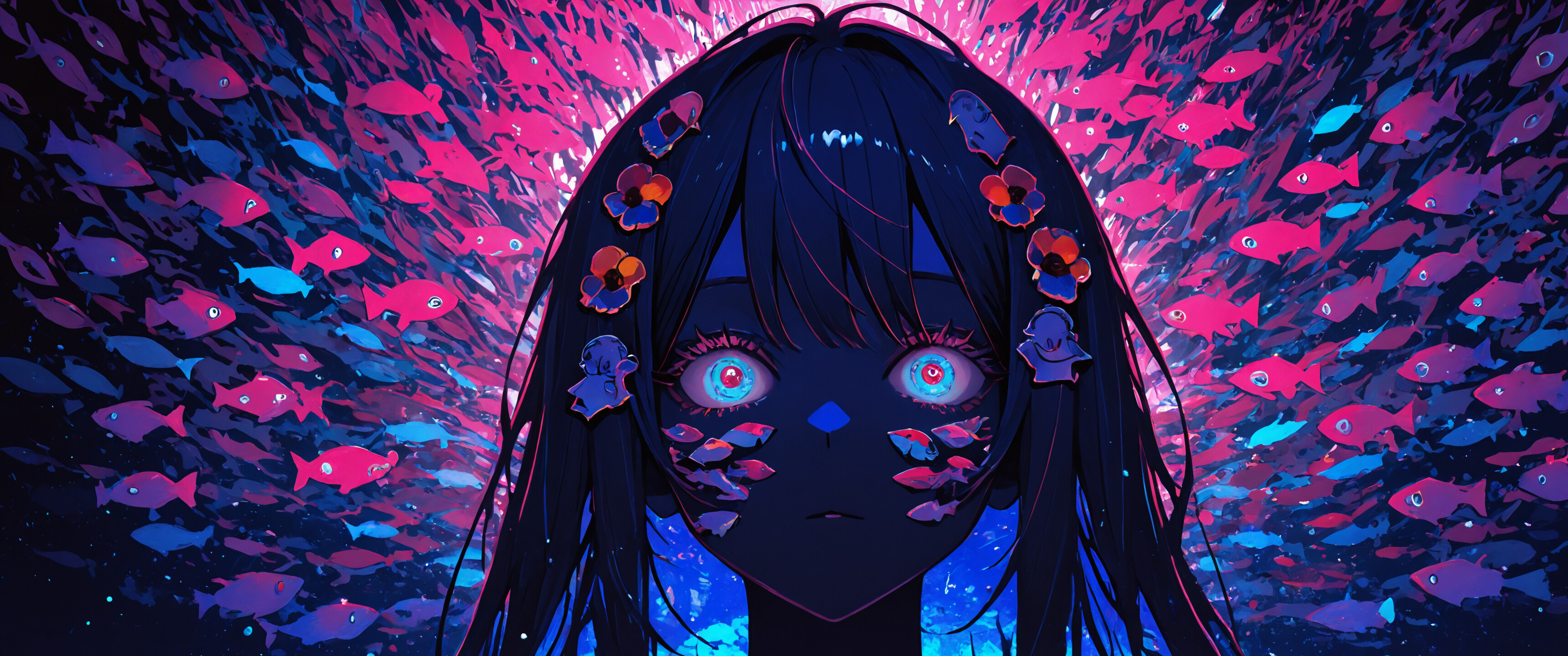 An anime-style girl with dark hair and glowing yellow eyes stands in a dark room. Above her, a massive school of pink fish glows against a blue background. Smaller fish are on her shirt.