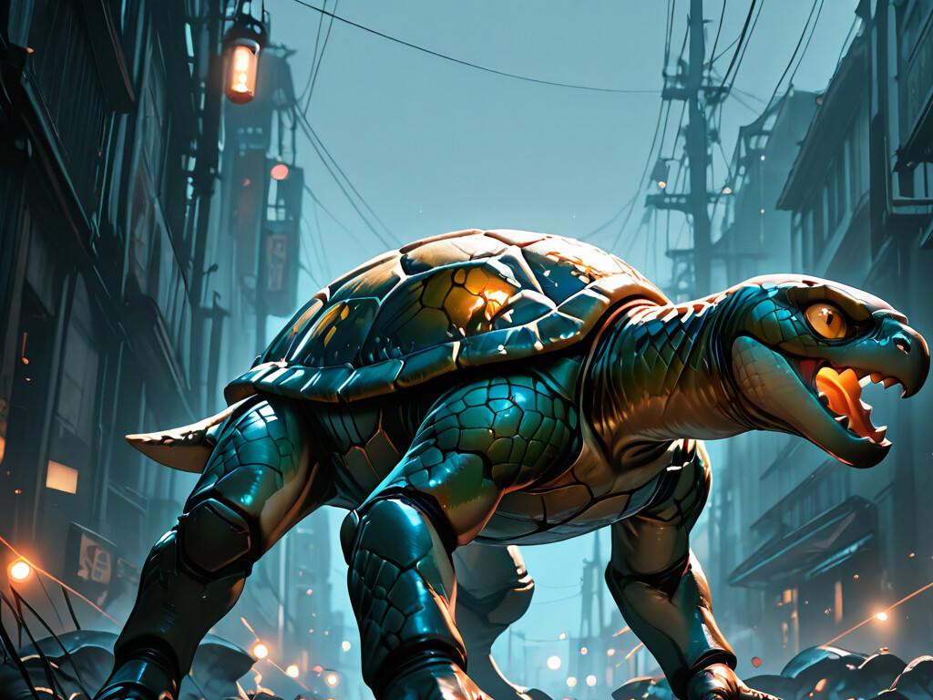 A full-body shot of the giant turtle kaiju Gamera in a dynamic, crouched pose. The monster is heavily armored in dark teal plating with glowing orange cracks of energy on its chest and neck, set within a dark, destroyed city street.