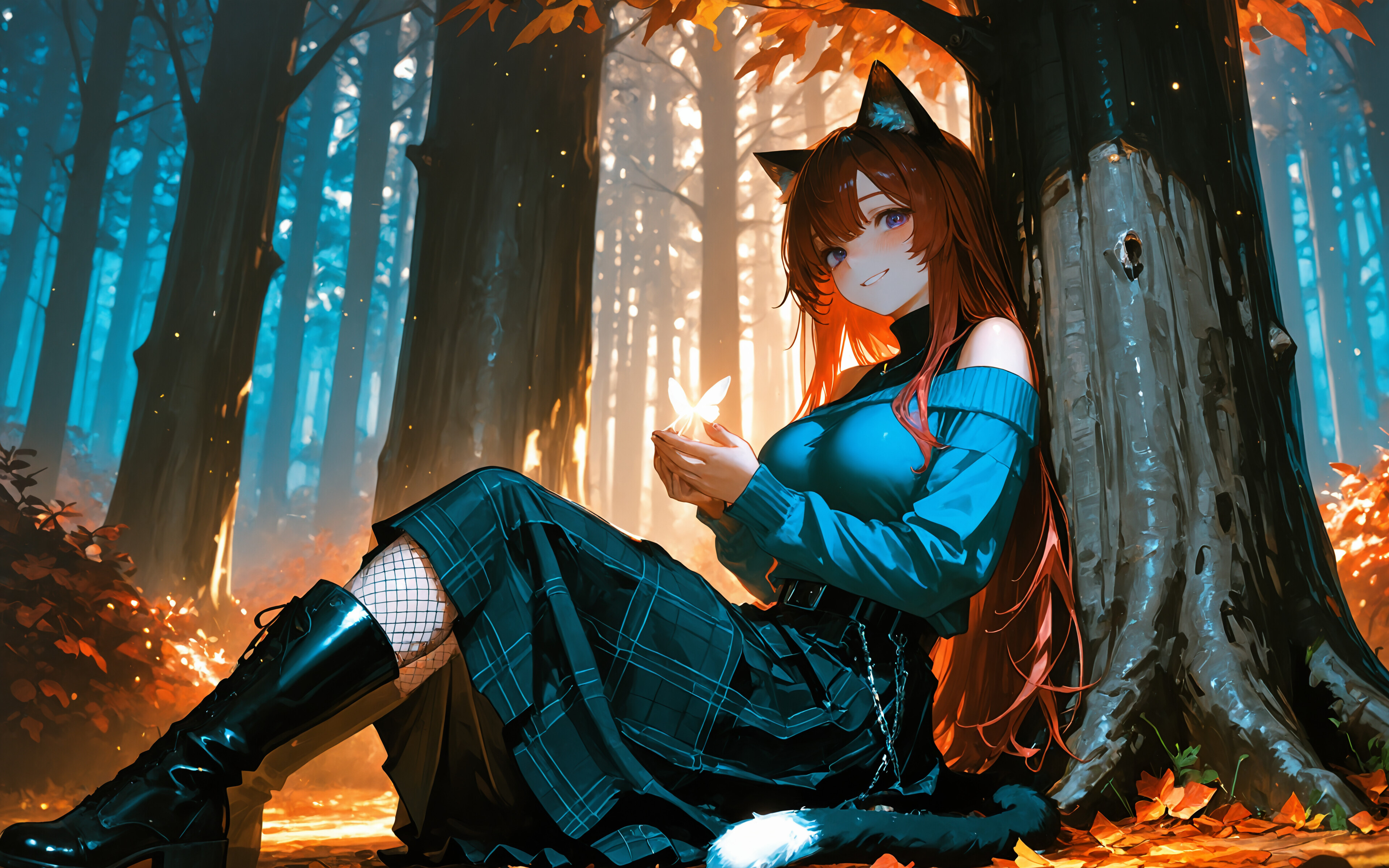 A full-body illustration of an anime cat girl with long brown hair and purple eyes, wearing a blue off-the-shoulder sweater and a plaid skirt, standing in an autumn forest in front of a large tree.