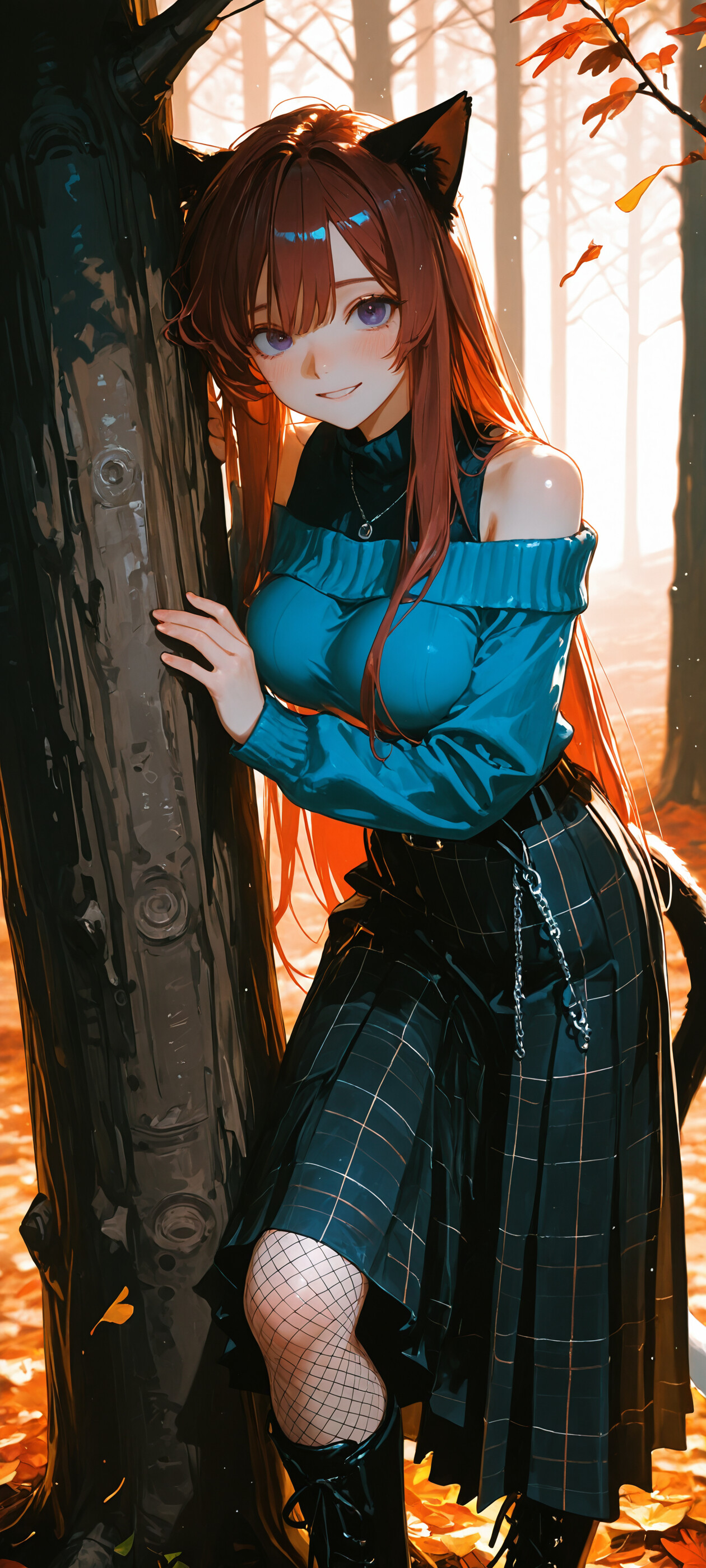 A full-body illustration of an anime cat girl with long brown hair and purple eyes, wearing a blue off-the-shoulder sweater and a plaid skirt, standing in an autumn forest in front of a large tree.