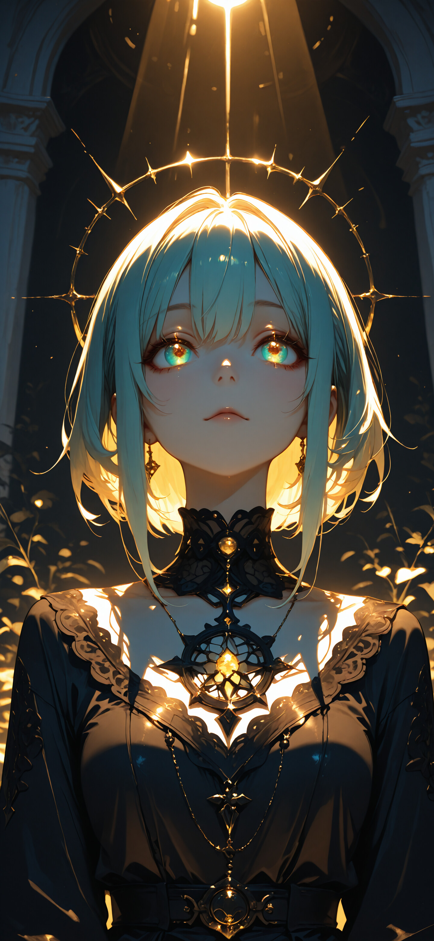 A close-up portrait of an anime-style girl with teal hair and glowing golden eyes, looking up towards a bright light in a dark room. She wears a black lace choker and ornate cross earrings.