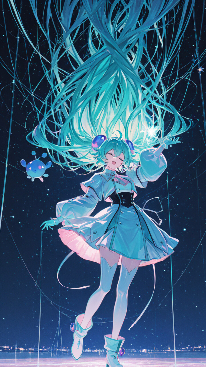 An anime girl with long light blue hair and twin buns stands in front of a giant glowing star and cosmic patterns. She wears a white and teal futuristic outfit and is flanked by two small, cute floating companions.