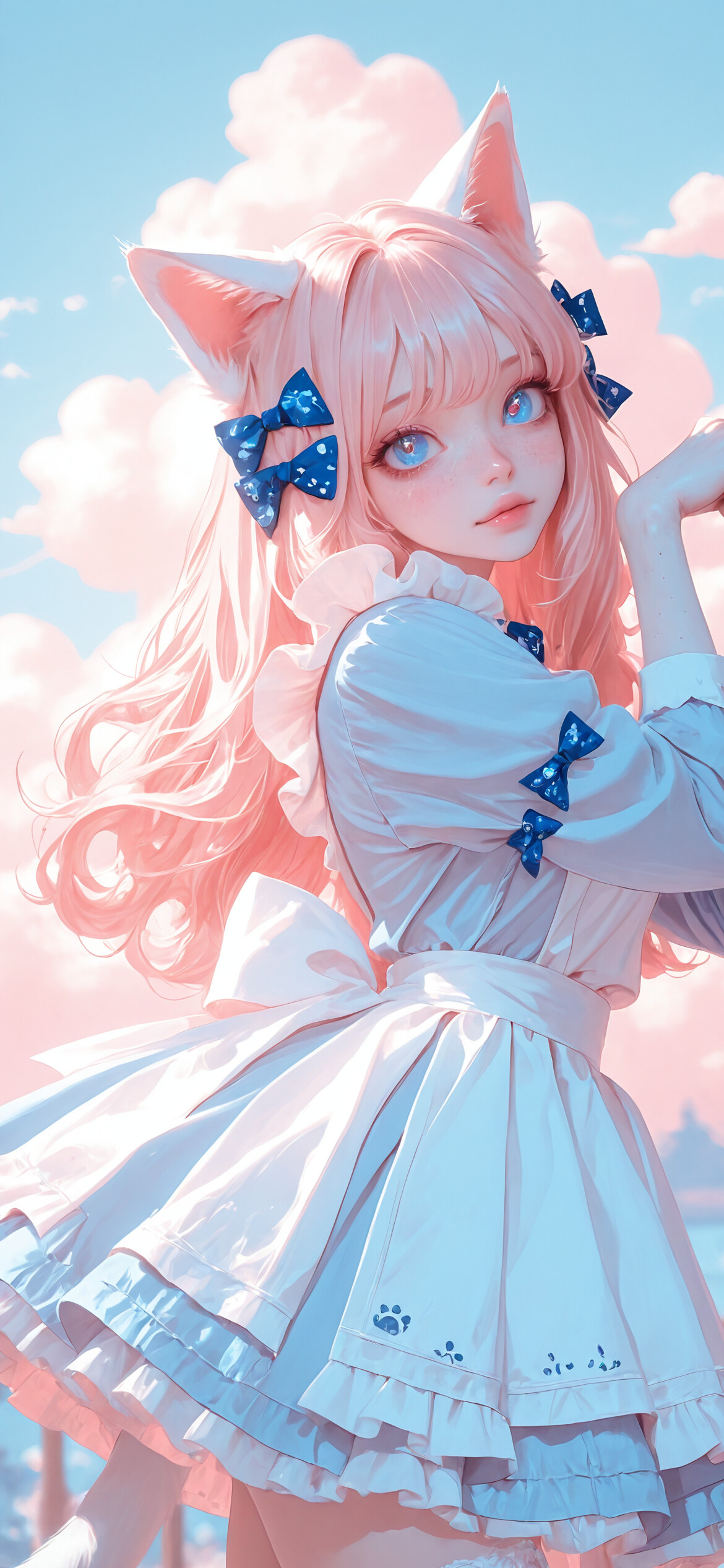 An anime girl with long pink hair, blue eyes, and white cat ears and tail, wearing a light blue dress and white apron, making a cute cat-paw gesture against a pastel blue and pink sky.