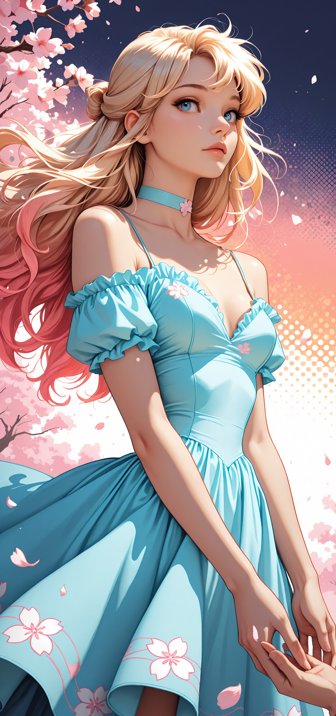 A young woman with long blonde and pink hair and blue eyes, wearing a light blue dress and choker, stands against a gradient sky with floating cherry blossom petals.