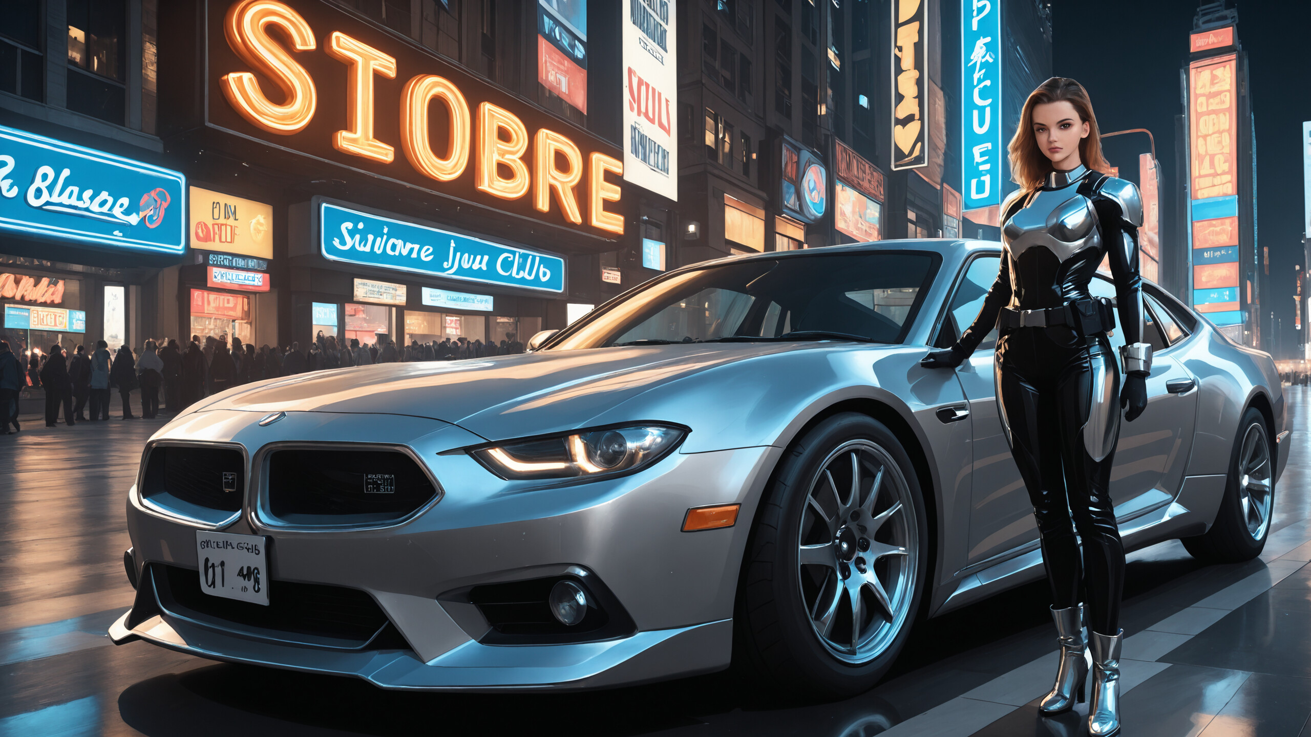 Full-length illustration of a woman in a futuristic black and chrome combat suit walking down a wet city street at night, flanked by two silver vintage cars and surrounded by glowing neon signs.