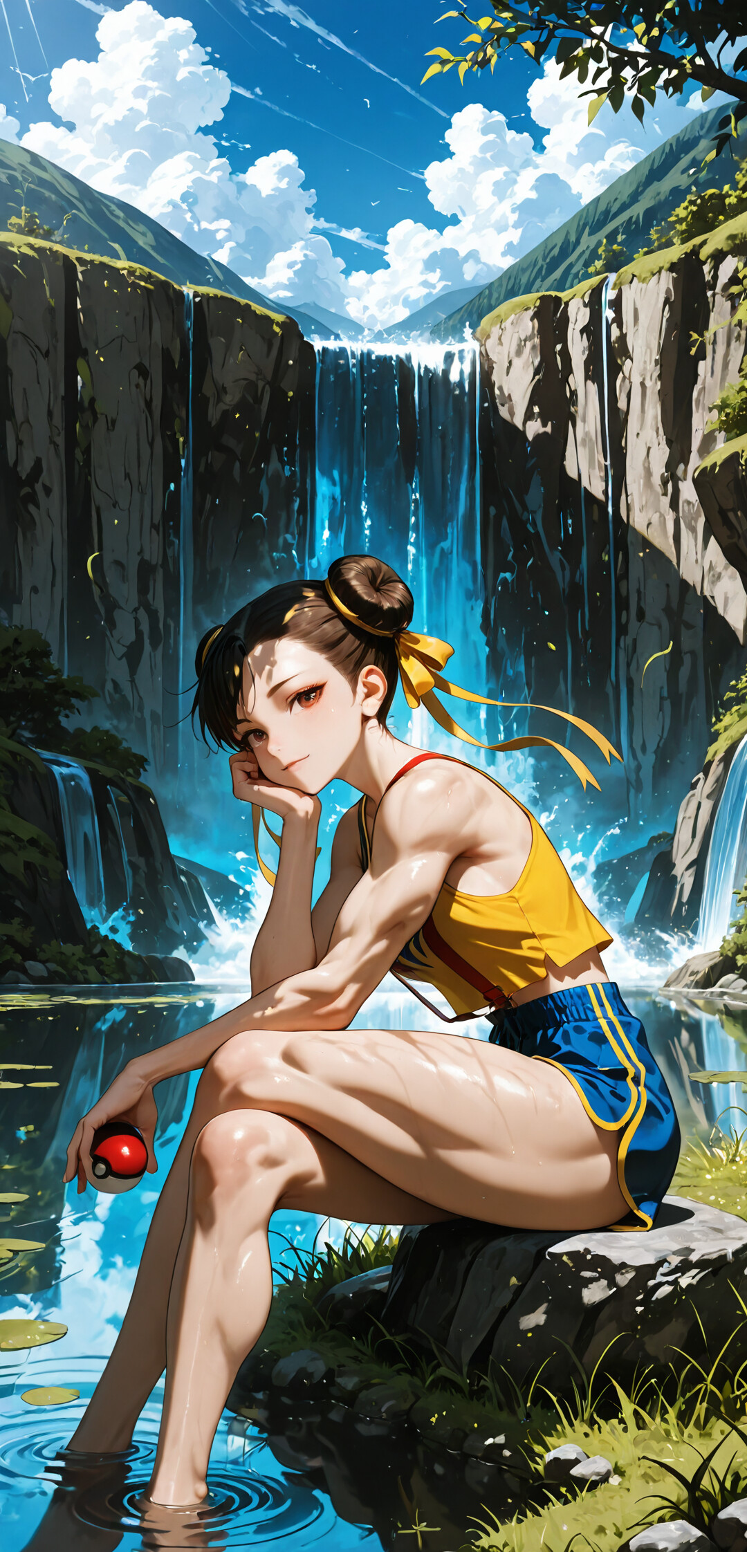 Chun-Li from Street Fighter sits by a lake in a sunny, natural setting with a waterfall. She's dressed as a Pokémon trainer in a yellow top and blue shorts, holding a Poké Ball and smiling at the viewer.
