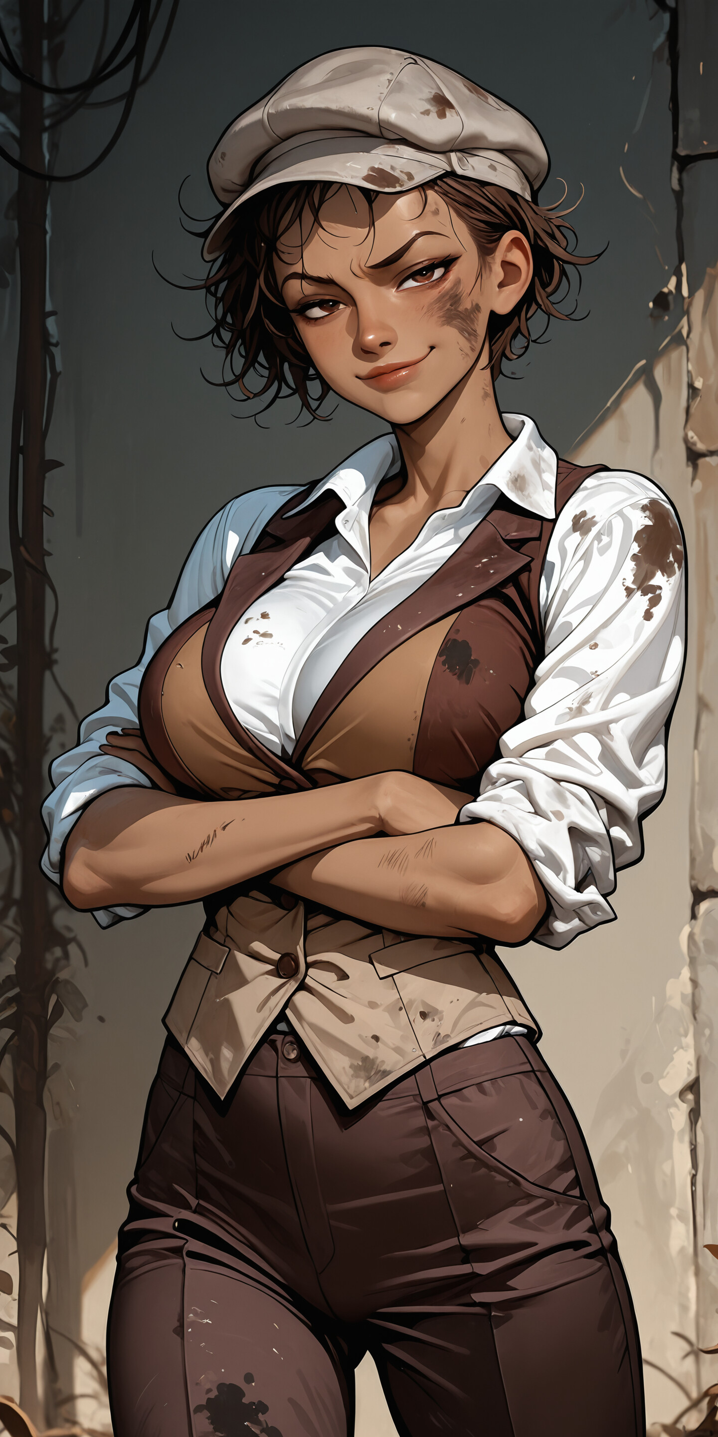 An illustration of a young, dark-skinned woman with short curly hair wearing a flat cap, white shirt, and brown waistcoat. She is leaning against a wall with her arms crossed and a confident smirk on her dirty face.