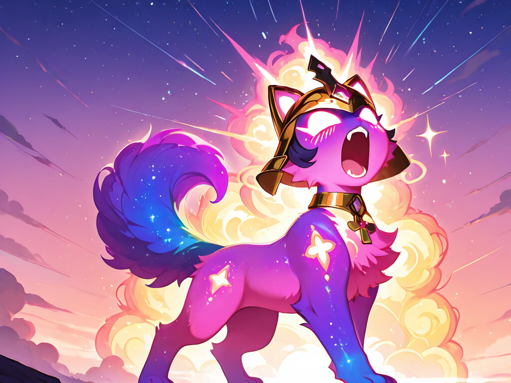 An anime-style anthropomorphic cat superhero in colorful, futuristic armor stands in a power pose as a massive bolt of golden lightning strikes down from a vibrant purple and pink cosmic sky.