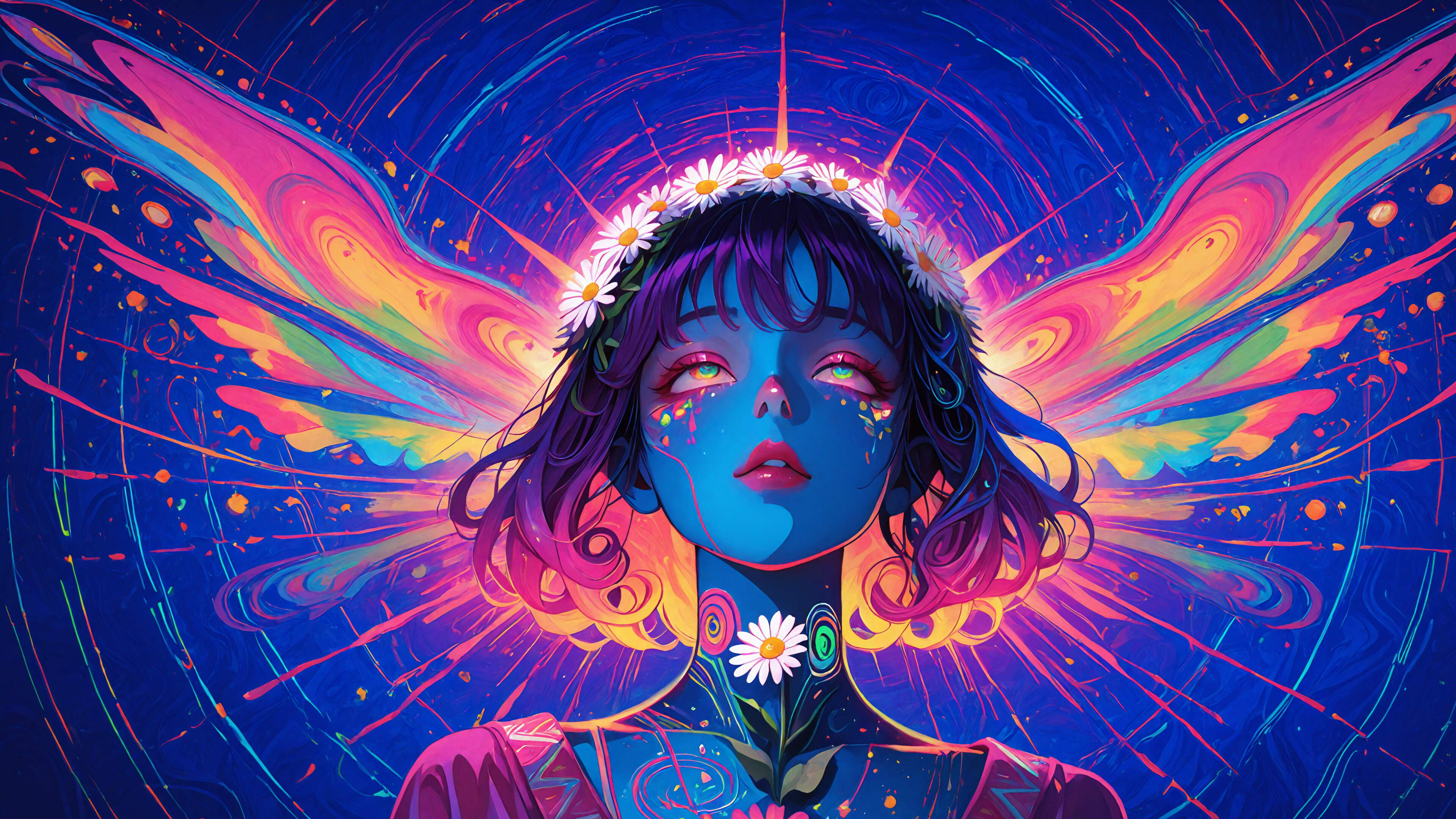 A stylized portrait of a young woman with long, colorful hair decorated with white daisies. She has bright blue eyes and looks upward against a swirling, psychedelic background of pink, purple, and blue patterns. She is holding a single white daisy.