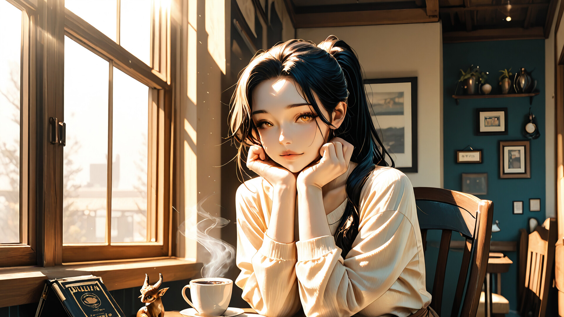 A person with long black hair and hazel eyes sitting by a window in a cozy cafe, bathed in warm sunlight.