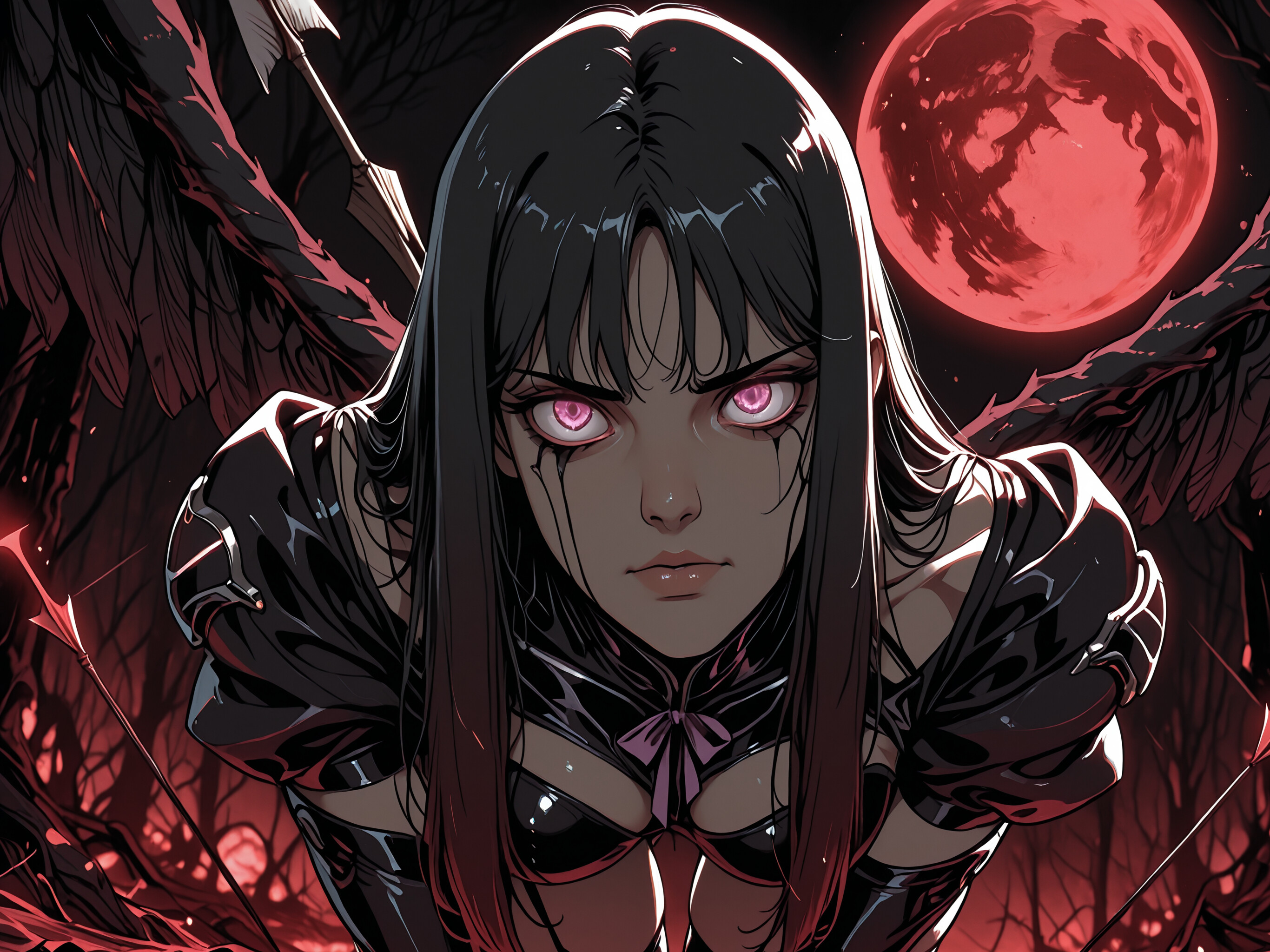 An anime-style illustration of a woman with long black hair, glowing purple eyes, and large dark wings, standing in a dark forest in front of a large red moon. She wears a black gothic outfit with thigh-high stockings.