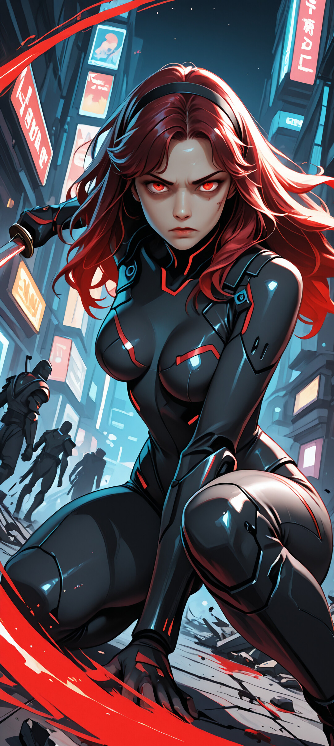 An anime-style female warrior with long red hair and red armor, holding a glowing red katana in a low action pose within a destroyed cyberpunk city at night.