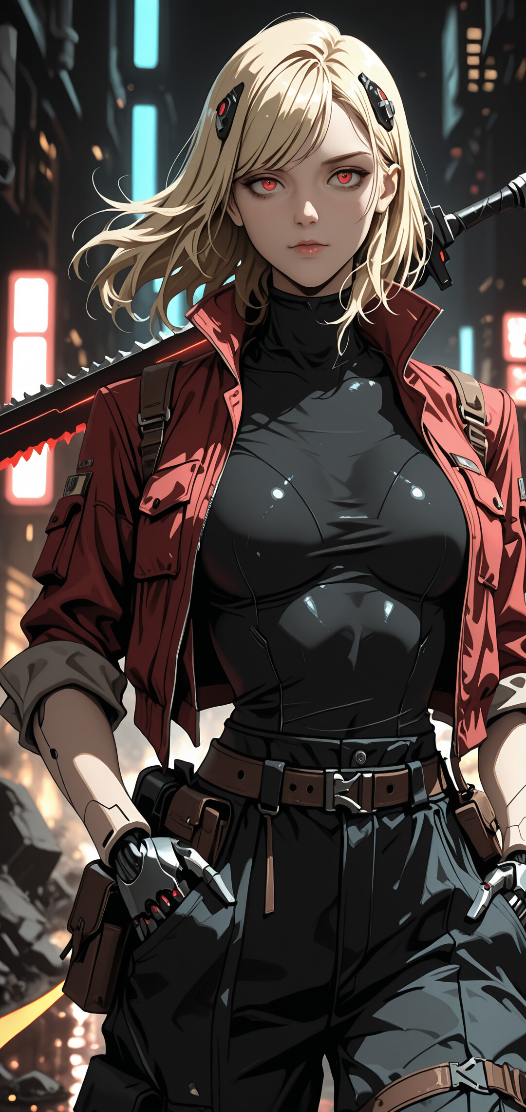 An anime-style illustration of a young woman with blonde hair, red eyes, and cybernetic arms standing in a futuristic city at night. She wears a red coat and black tactical gear, holding a glowing red sword over her shoulder.