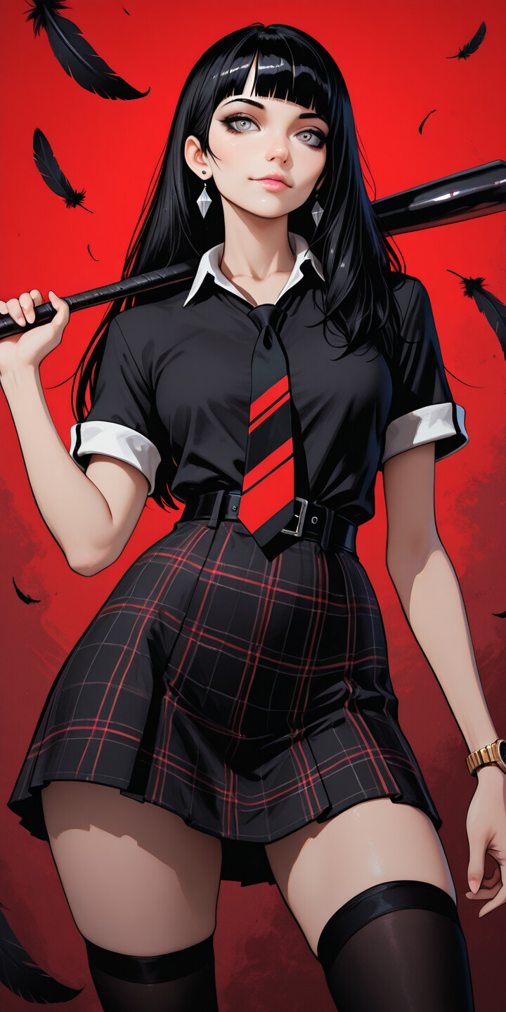 A digital illustration of an anime girl with long black hair and grey eyes, wearing a black shirt and a plaid skirt, holding a baseball bat over her shoulder in front of a red background with floating black feathers.