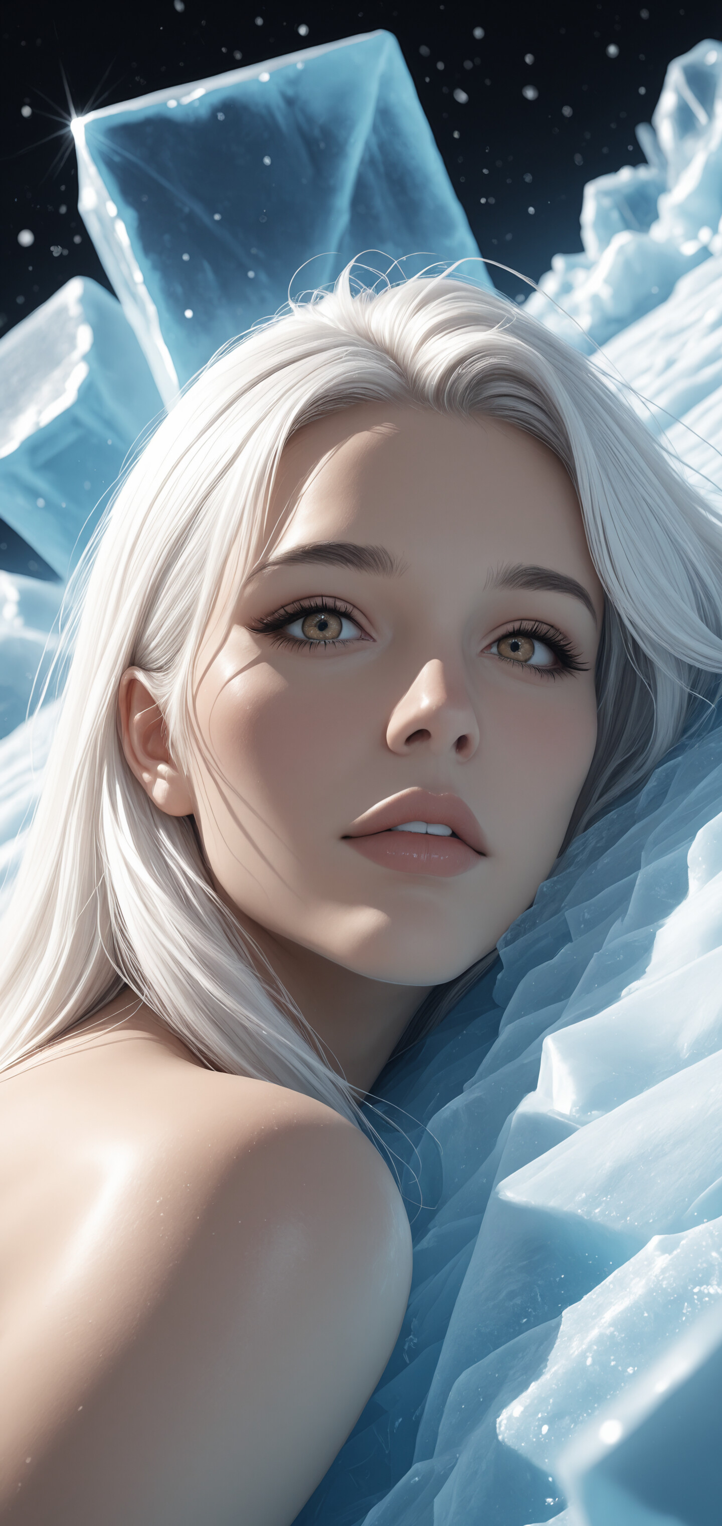 A close-up portrait of a beautiful young woman with white hair and blue eyes, looking through a square frame of ice, with her chin resting on a bed of crushed ice.