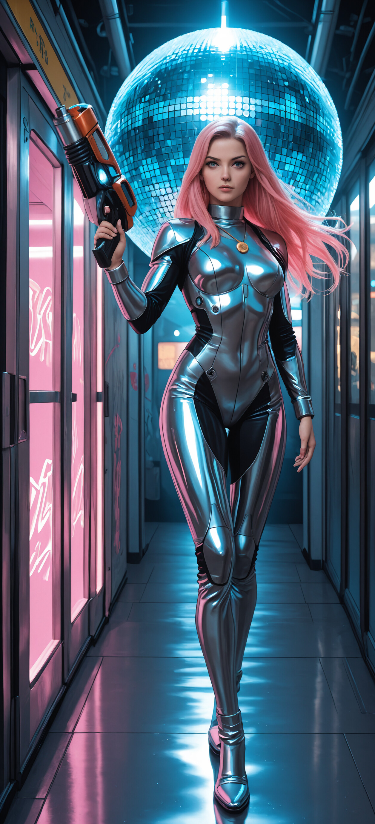 A full-length shot of a woman with pink hair in a silver and black futuristic bodysuit, holding a glowing pink gun in a long corridor lit by neon lights and a hanging disco ball.