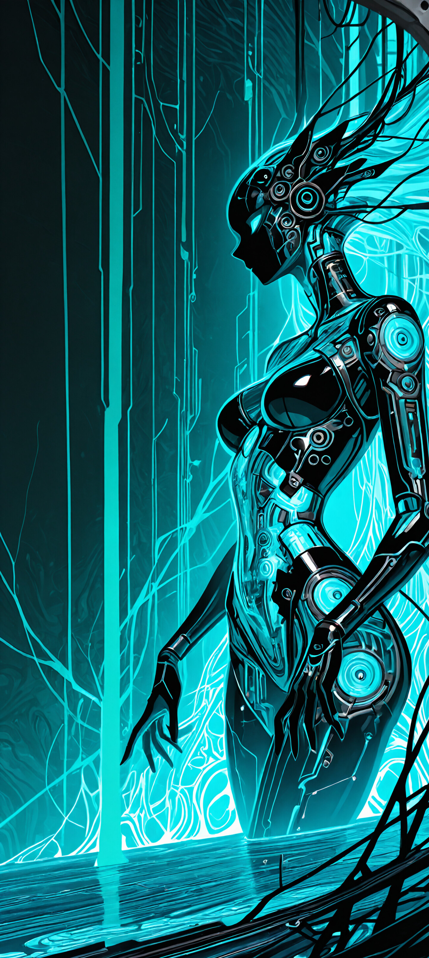 A full-body portrait of a slender, feminine cyborg with glowing teal circuitry and a large, sunburst-like halo, standing in a futuristic forest made of wires and machinery.