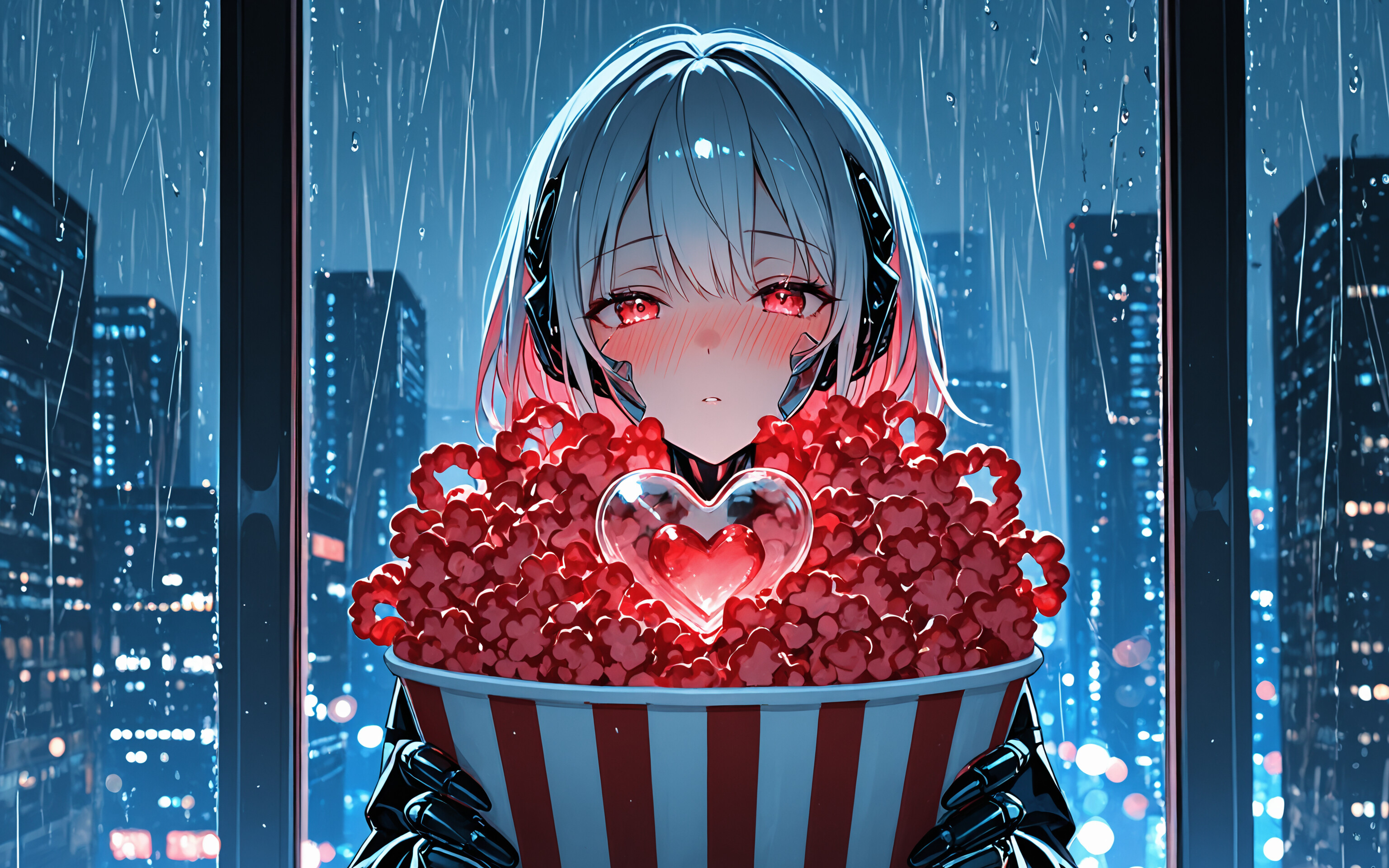 An anime-style cyborg girl with short, light blue hair and blue eyes, blushing as she holds a large red and white striped bucket of popcorn. A pink, translucent heart rests on the popcorn. She is standing in front of a window showing a rainy city at night.