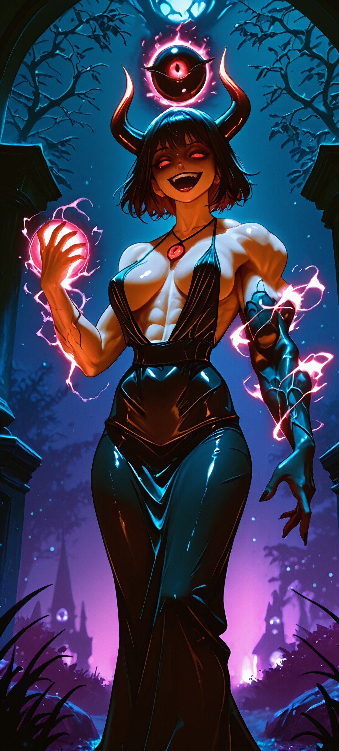 A demoness with a glowing energy ball, gothic setting, intricate stained glass, powerful demon, energy ball, gothic art, fantasy art