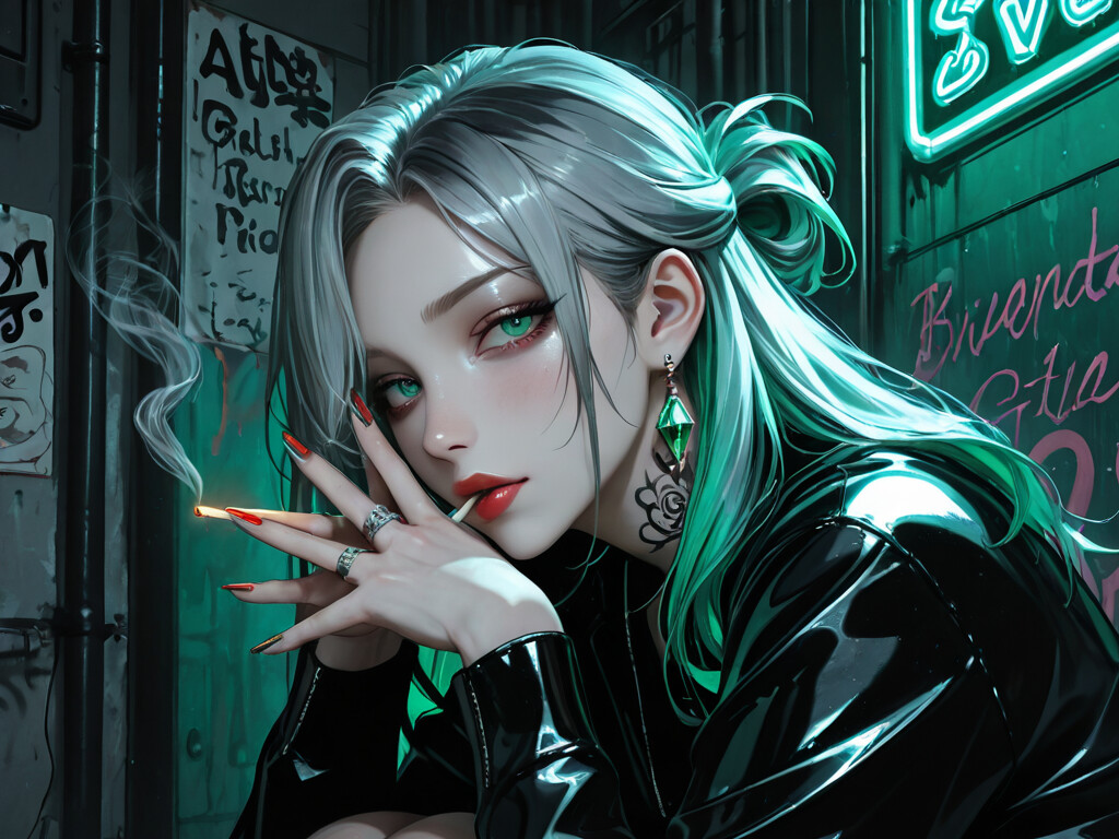 An anime-style illustration of a young woman with gray hair, green highlights, and bright green eyes, crouching in a dark, neon-lit alley while smoking a cigarette and looking directly at the camera. She has a large rose tattoo on her arm.