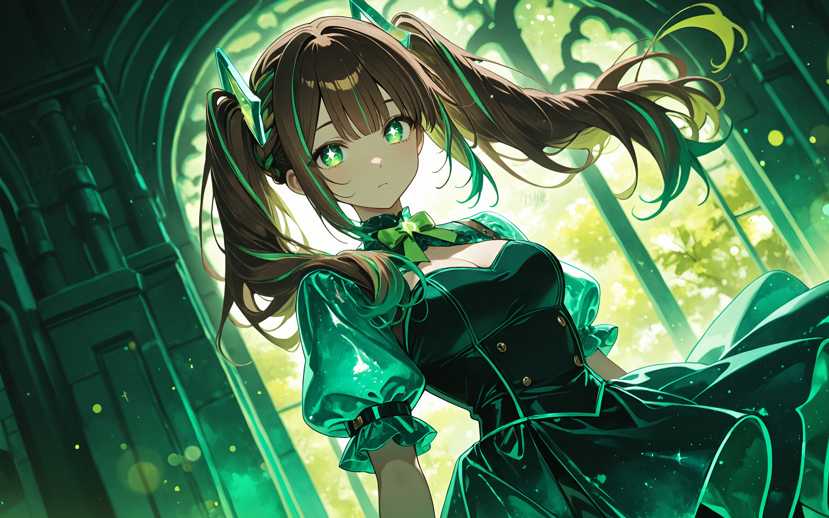 An anime girl with brown and green twintails, glowing green star-shaped eyes, and a white halo, wearing an elegant green and black dress inside a cathedral-like hall filled with ethereal green light.