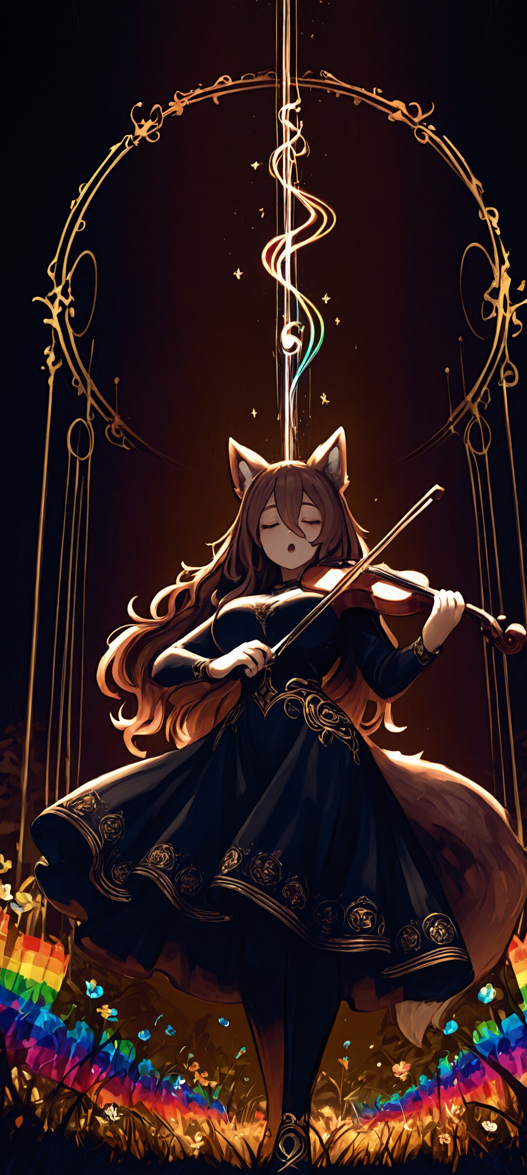 An anime-style fox girl with long brown hair, ears, and a tail, wearing an elegant black and gold dress, plays the violin in a field of colorful flowers at night. A magical, glowing rainbow musical staff swirls around her.