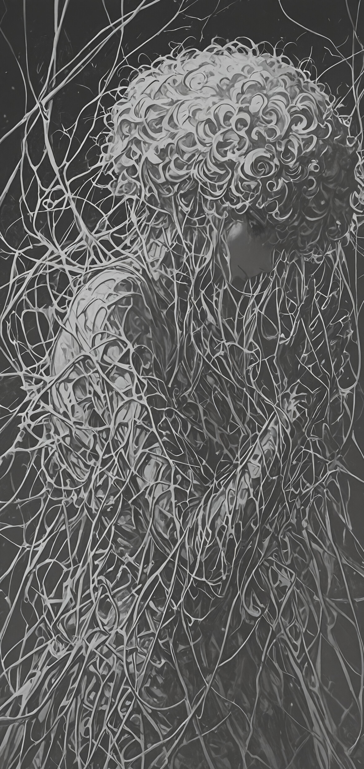 A black and white, highly detailed illustration of a woman in profile. She has large, expressive eyes and short, tightly curled white hair. An intricate, white, web-like pattern covers her neck and shoulders against a dark, abstract background.