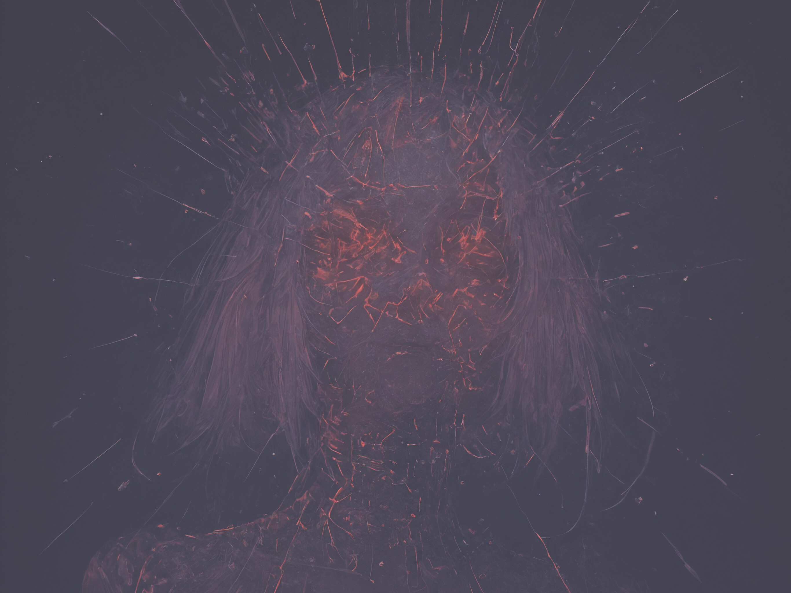 A digital painting of a woman with white hair and closed eyes, her porcelain-like body appearing to shatter and emit glowing orange sparks against a dark gray background.